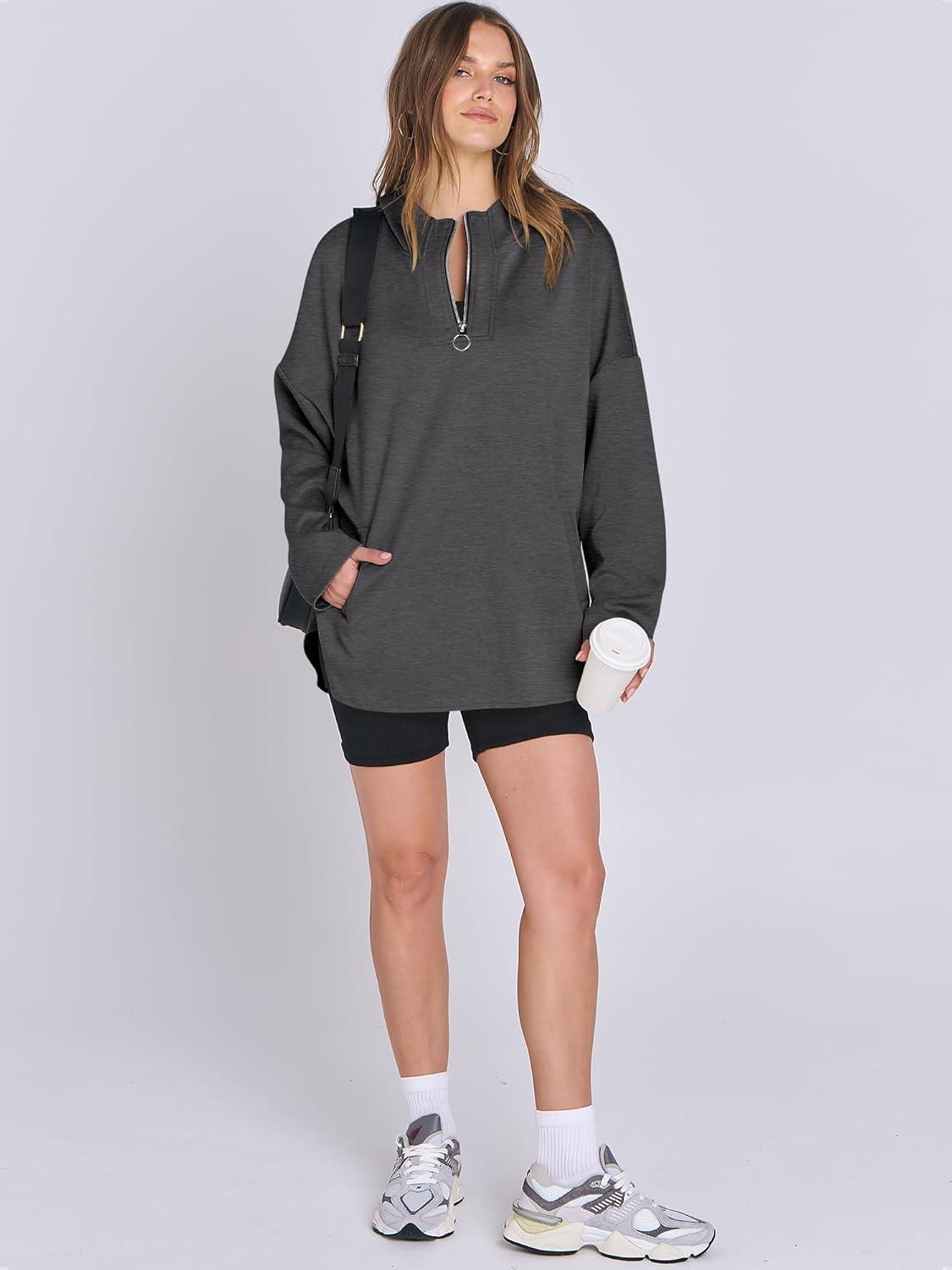 imageANRABESS Womens Oversized Hoodie Quarter Zip Sweatshirts 2025 Fall Winter Tunic Pullover Top Trendy Teen Girls Preppy ClothesDark Grey