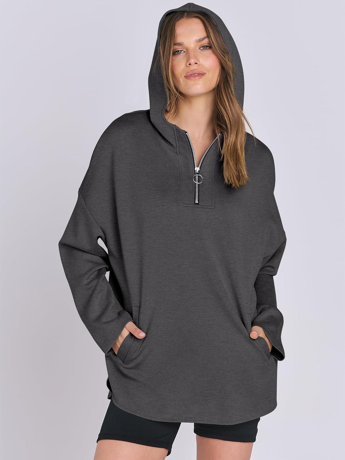 imageANRABESS Womens Oversized Hoodie Quarter Zip Sweatshirts 2025 Fall Winter Tunic Pullover Top Trendy Teen Girls Preppy ClothesDark Grey