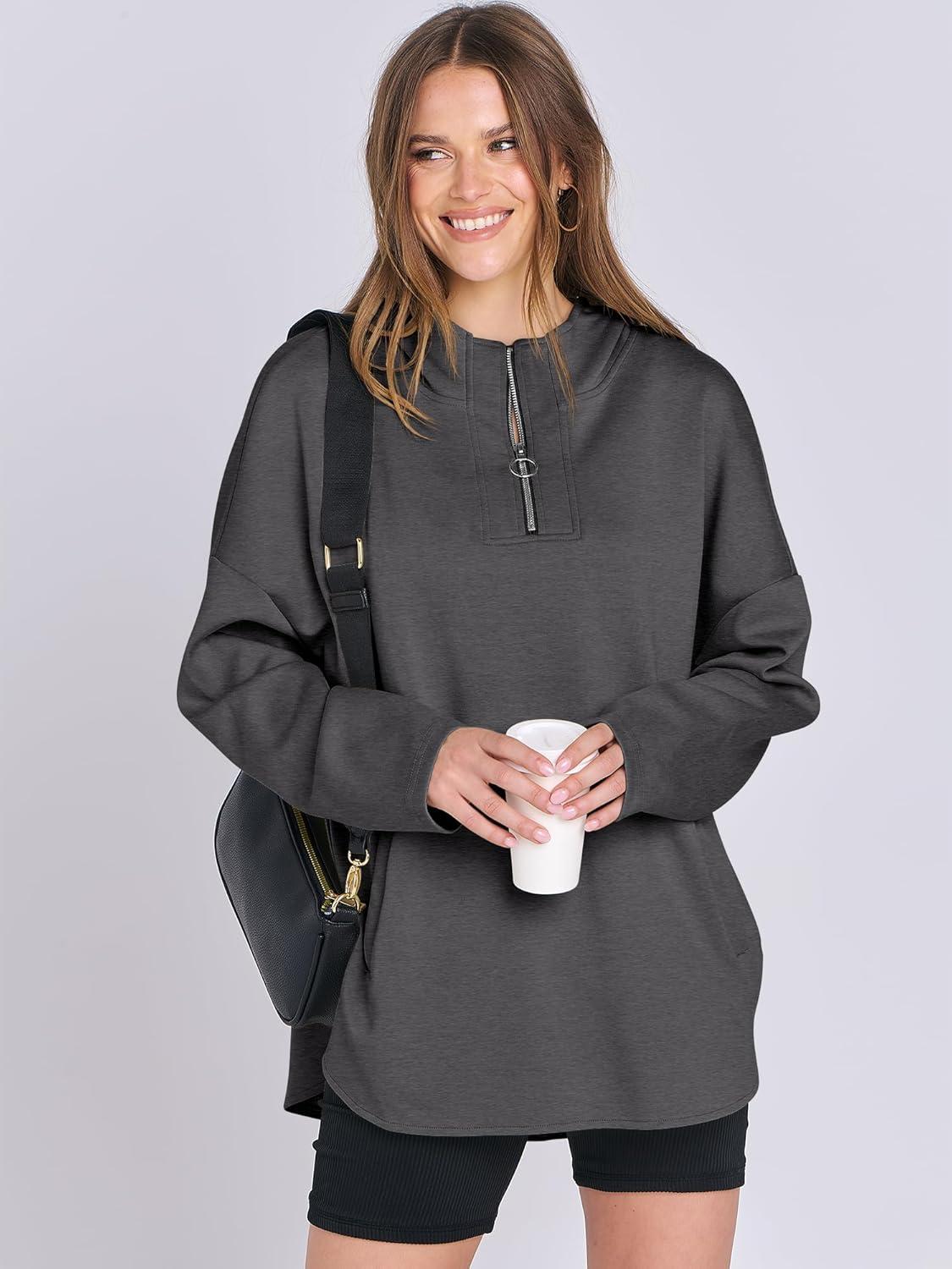imageANRABESS Womens Oversized Hoodie Quarter Zip Sweatshirts 2025 Fall Winter Tunic Pullover Top Trendy Teen Girls Preppy ClothesDark Grey