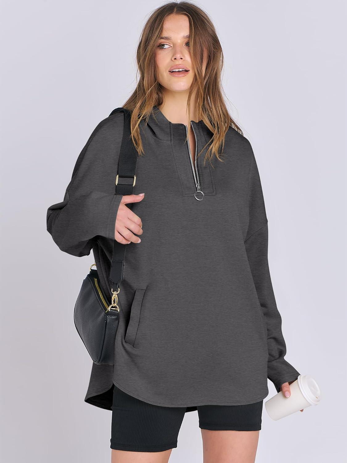 imageANRABESS Womens Oversized Hoodie Quarter Zip Sweatshirts 2025 Fall Winter Tunic Pullover Top Trendy Teen Girls Preppy ClothesDark Grey