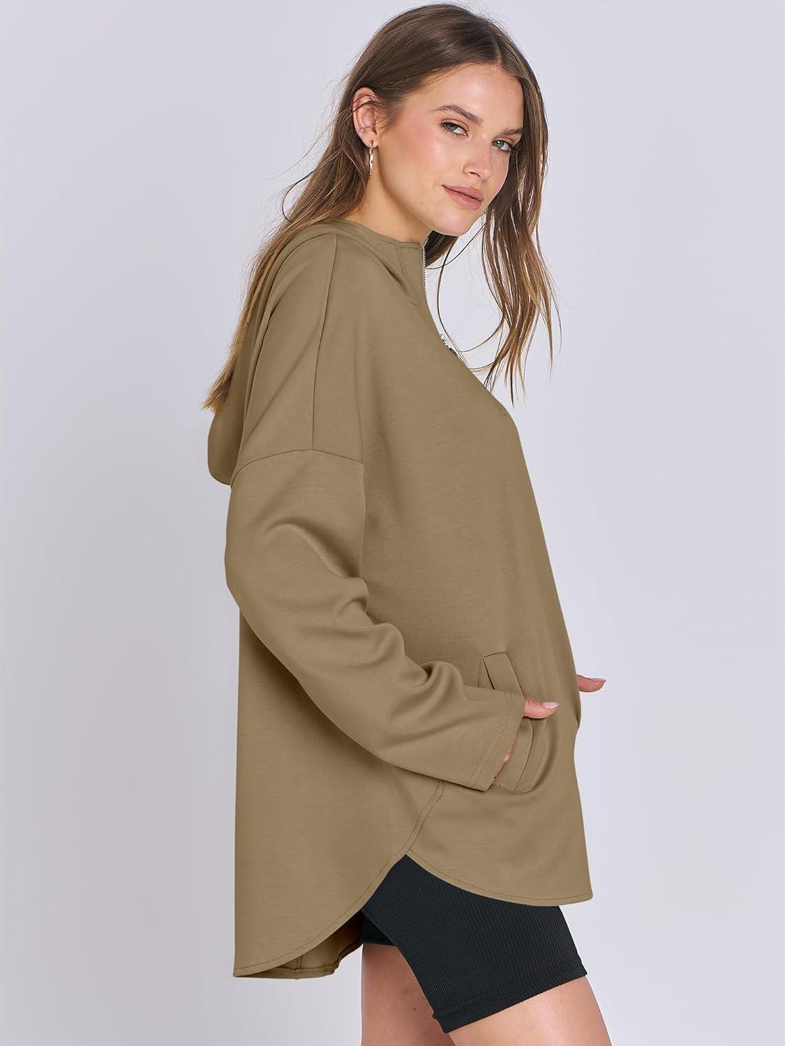 imageANRABESS Womens Oversized Hoodie Quarter Zip Sweatshirts 2025 Fall Winter Tunic Pullover Top Trendy Teen Girls Preppy ClothesDark Khaki