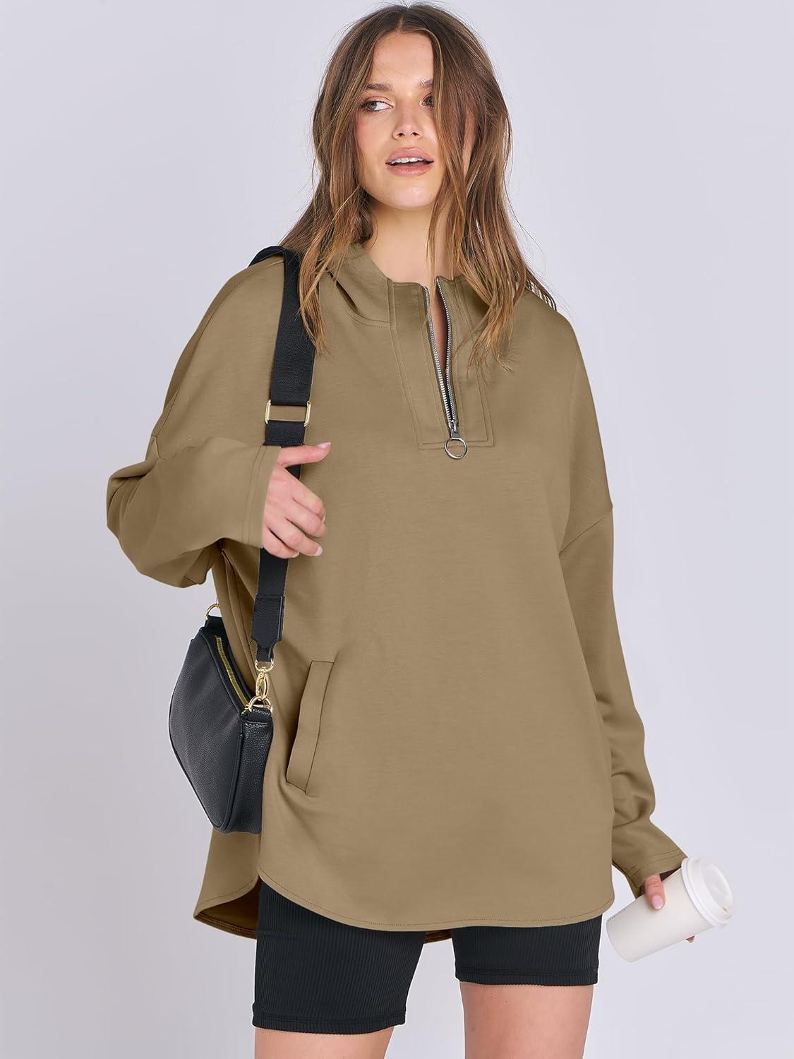 imageANRABESS Womens Oversized Hoodie Quarter Zip Sweatshirts 2025 Fall Winter Tunic Pullover Top Trendy Teen Girls Preppy ClothesDark Khaki