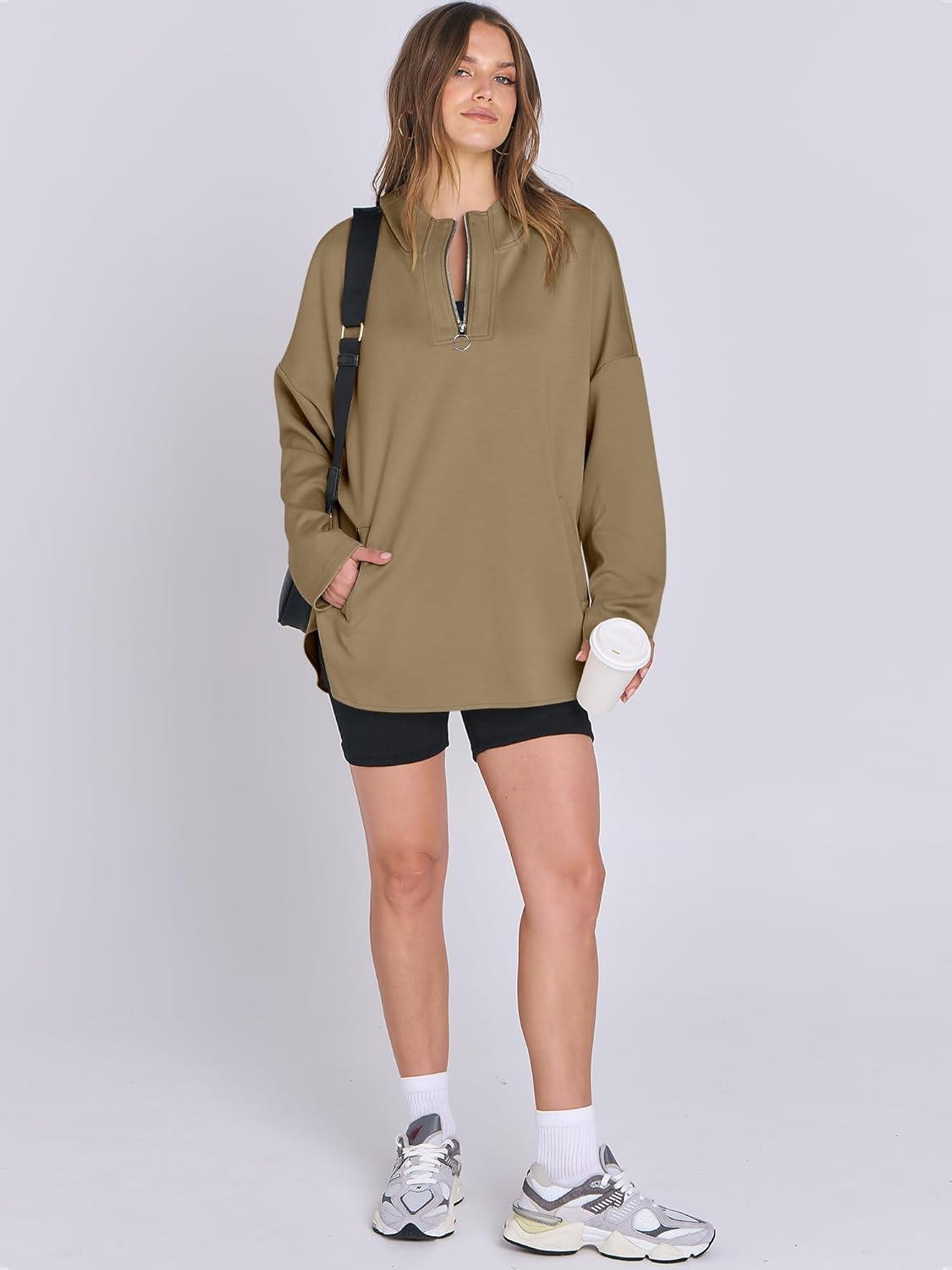 imageANRABESS Womens Oversized Hoodie Quarter Zip Sweatshirts 2025 Fall Winter Tunic Pullover Top Trendy Teen Girls Preppy ClothesDark Khaki