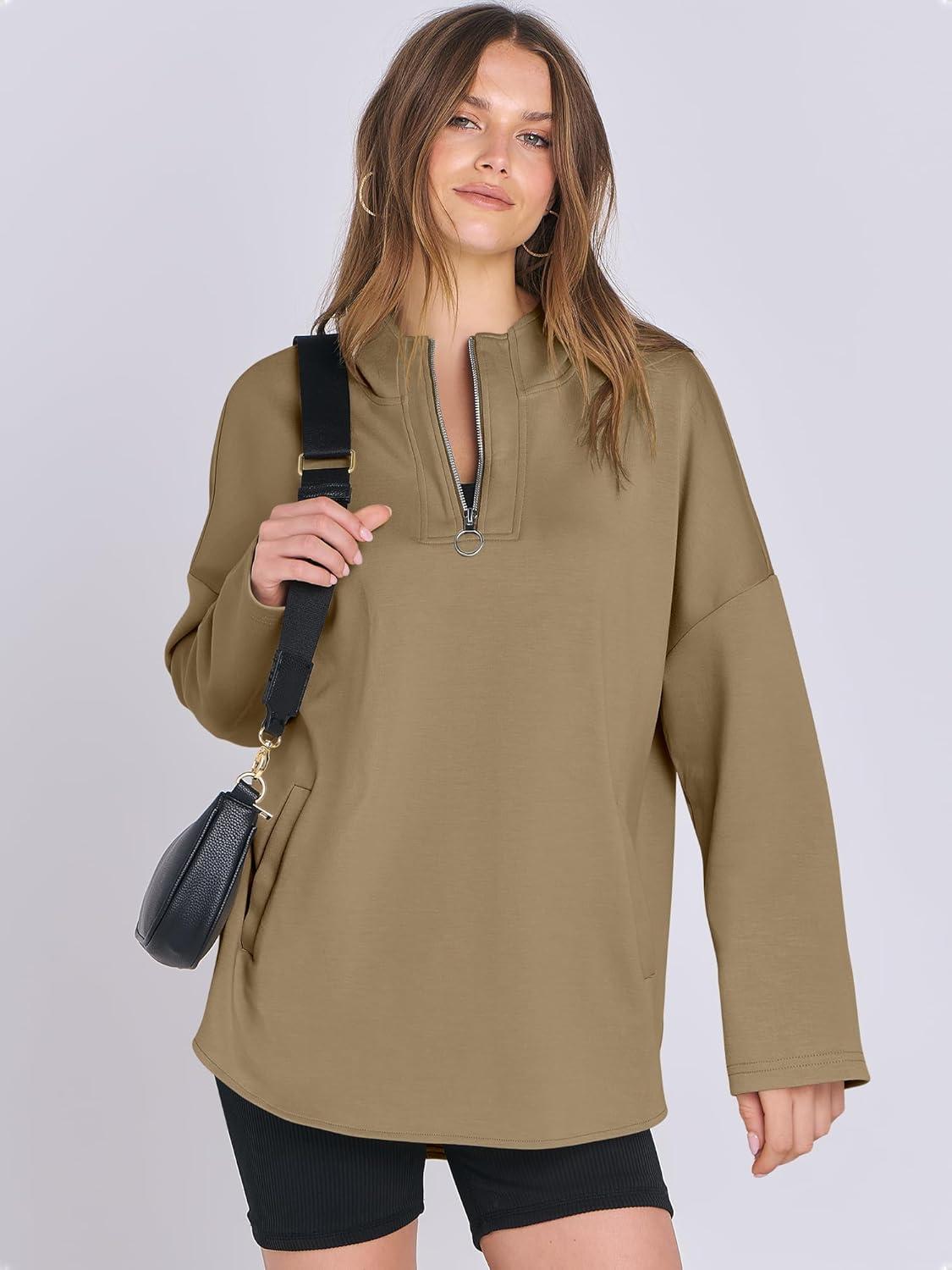 imageANRABESS Womens Oversized Hoodie Quarter Zip Sweatshirts 2025 Fall Winter Tunic Pullover Top Trendy Teen Girls Preppy ClothesDark Khaki