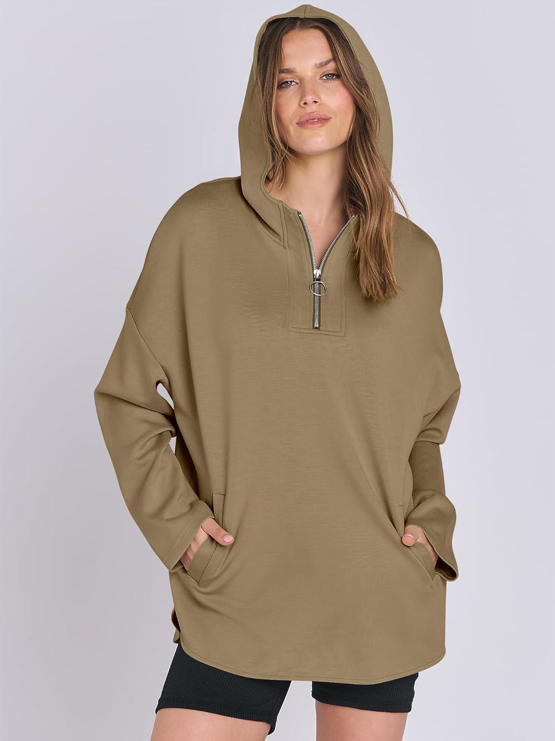 imageANRABESS Womens Oversized Hoodie Quarter Zip Sweatshirts 2025 Fall Winter Tunic Pullover Top Trendy Teen Girls Preppy ClothesDark Khaki