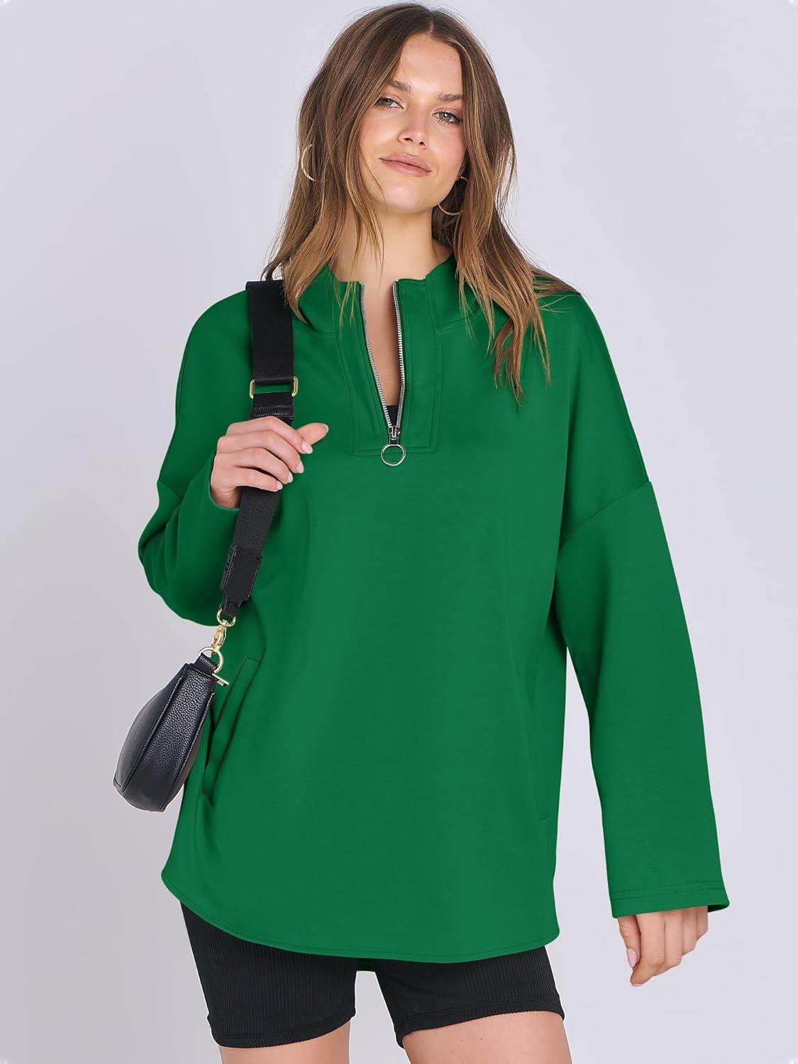 imageANRABESS Womens Oversized Hoodie Quarter Zip Sweatshirts 2025 Fall Winter Tunic Pullover Top Trendy Teen Girls Preppy ClothesGreen