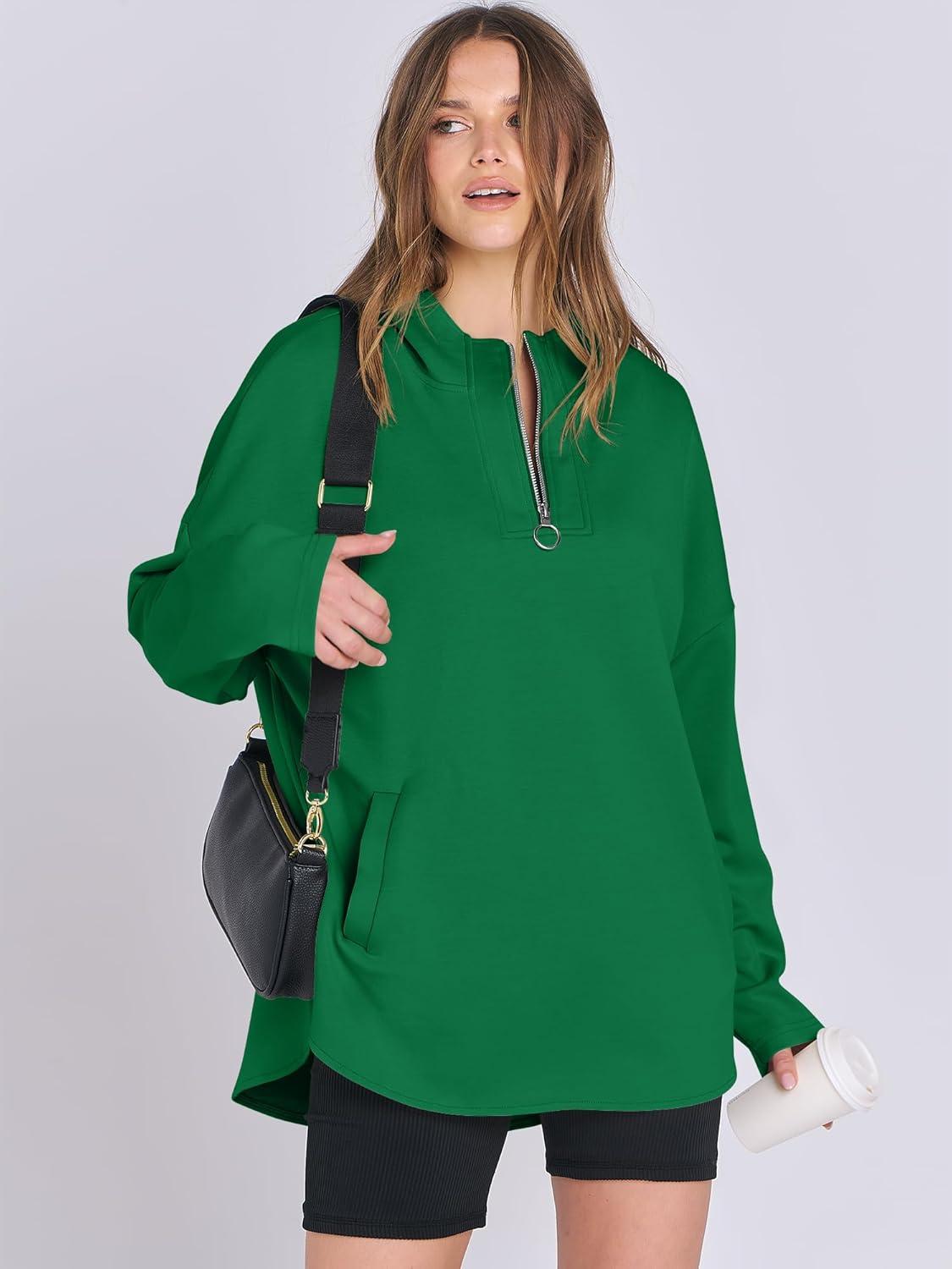 imageANRABESS Womens Oversized Hoodie Quarter Zip Sweatshirts 2025 Fall Winter Tunic Pullover Top Trendy Teen Girls Preppy ClothesGreen