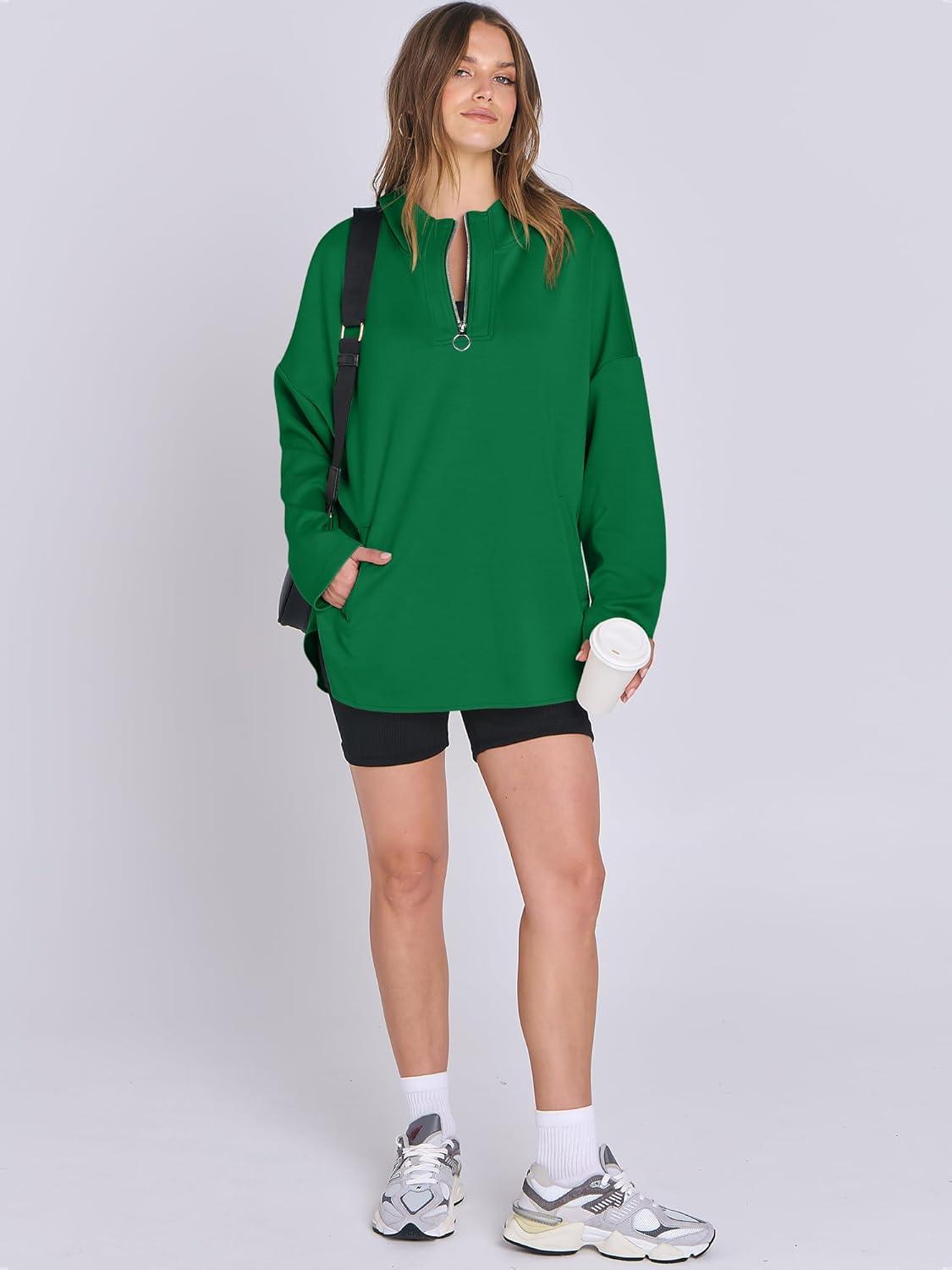 imageANRABESS Womens Oversized Hoodie Quarter Zip Sweatshirts 2025 Fall Winter Tunic Pullover Top Trendy Teen Girls Preppy ClothesGreen