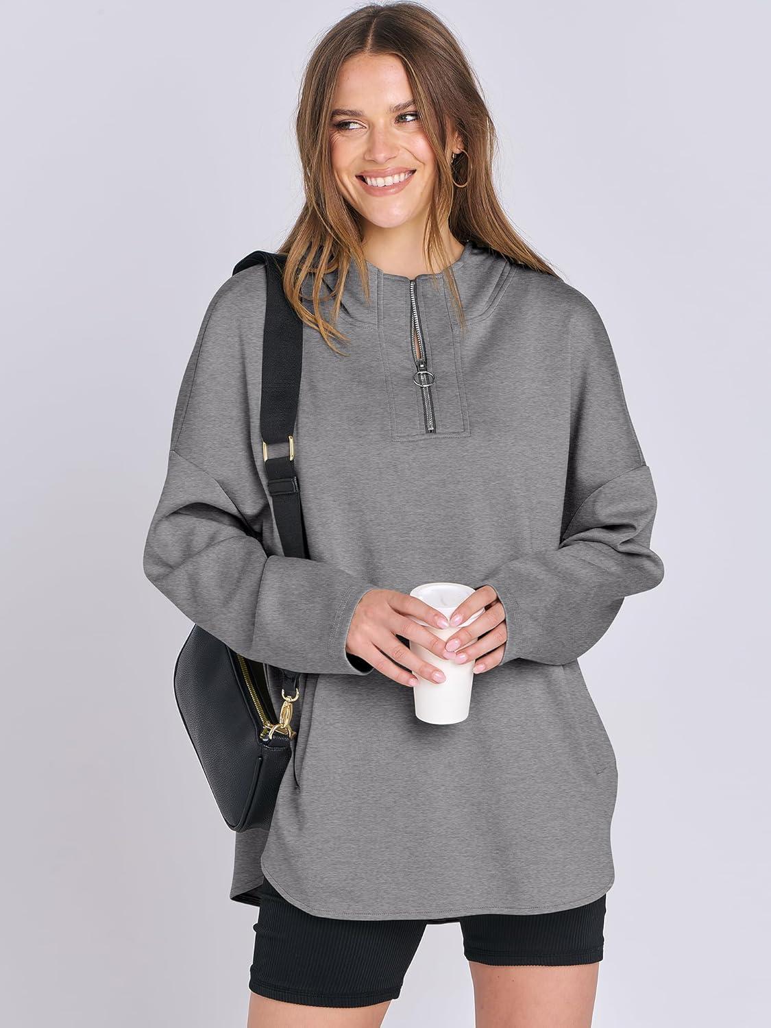 imageANRABESS Womens Oversized Hoodie Quarter Zip Sweatshirts 2025 Fall Winter Tunic Pullover Top Trendy Teen Girls Preppy ClothesGrey