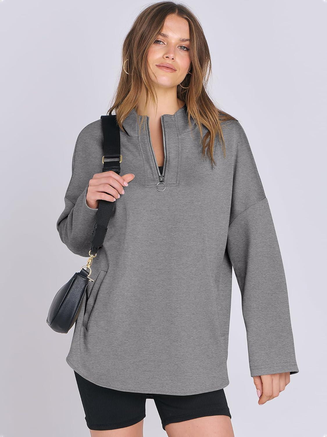imageANRABESS Womens Oversized Hoodie Quarter Zip Sweatshirts 2025 Fall Winter Tunic Pullover Top Trendy Teen Girls Preppy ClothesGrey