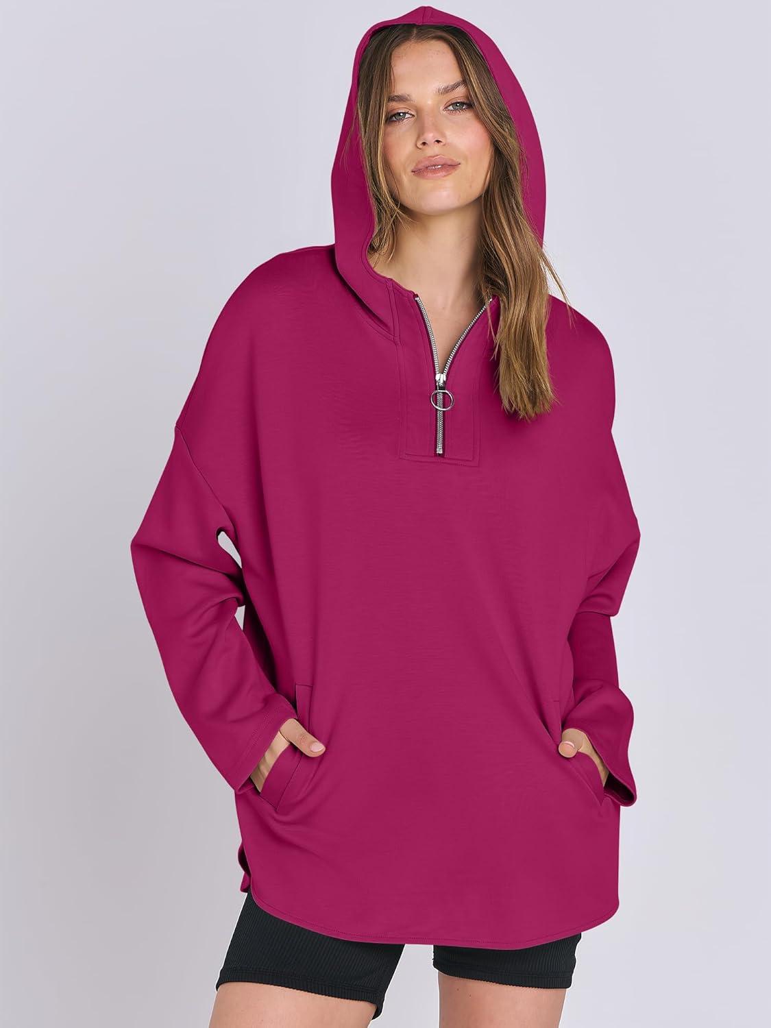 imageANRABESS Womens Oversized Hoodie Quarter Zip Sweatshirts 2025 Fall Winter Tunic Pullover Top Trendy Teen Girls Preppy ClothesHot Pink