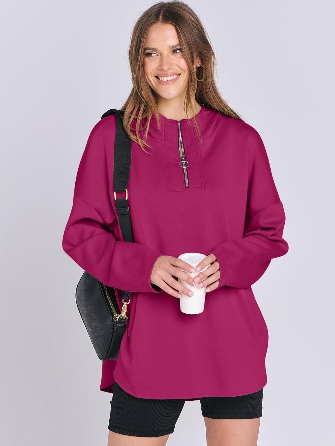 imageANRABESS Womens Oversized Hoodie Quarter Zip Sweatshirts 2025 Fall Winter Tunic Pullover Top Trendy Teen Girls Preppy ClothesHot Pink