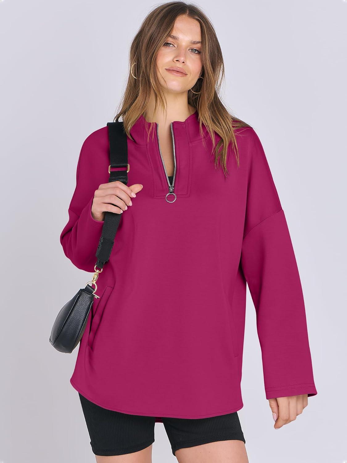 imageANRABESS Womens Oversized Hoodie Quarter Zip Sweatshirts 2025 Fall Winter Tunic Pullover Top Trendy Teen Girls Preppy ClothesHot Pink