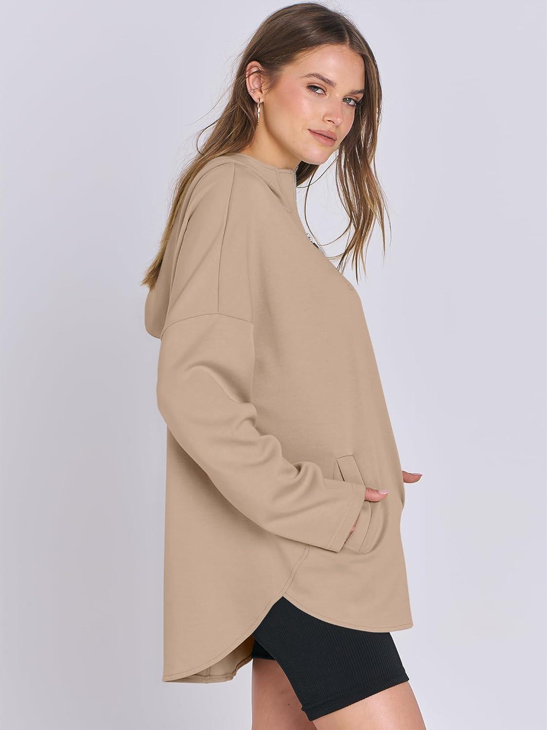 imageANRABESS Womens Oversized Hoodie Quarter Zip Sweatshirts 2025 Fall Winter Tunic Pullover Top Trendy Teen Girls Preppy ClothesKhaki