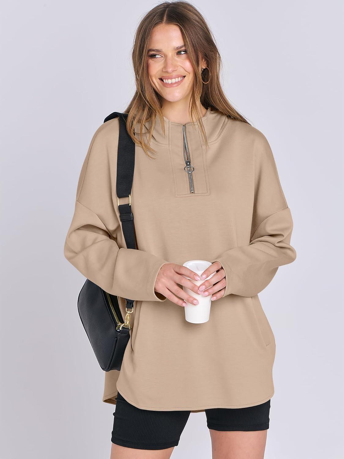 imageANRABESS Womens Oversized Hoodie Quarter Zip Sweatshirts 2025 Fall Winter Tunic Pullover Top Trendy Teen Girls Preppy ClothesKhaki