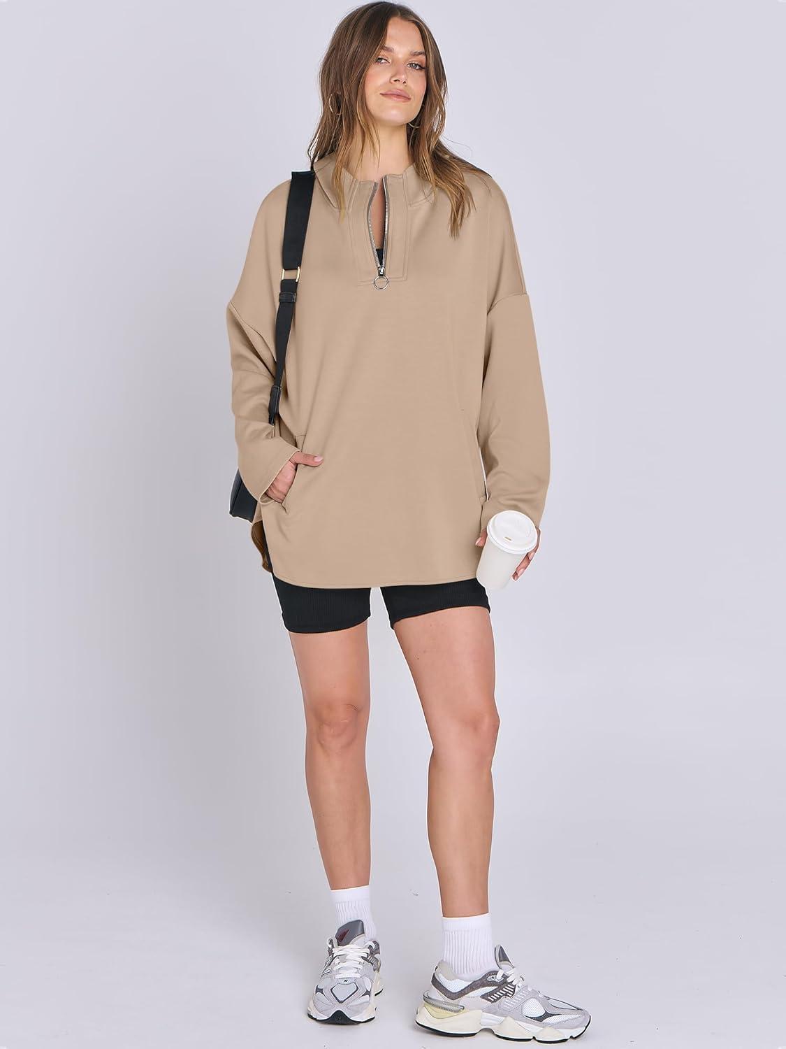 imageANRABESS Womens Oversized Hoodie Quarter Zip Sweatshirts 2025 Fall Winter Tunic Pullover Top Trendy Teen Girls Preppy ClothesKhaki