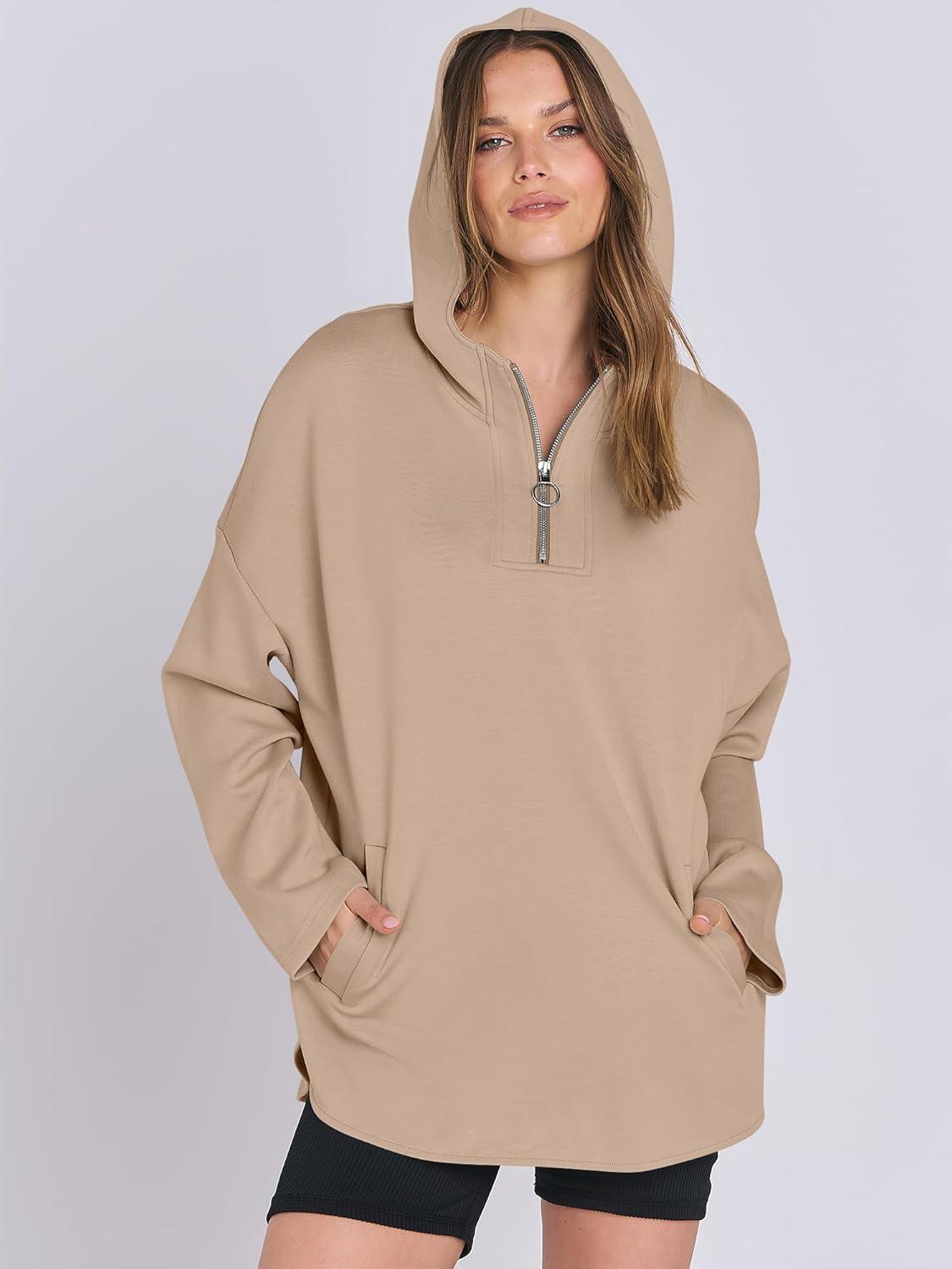 imageANRABESS Womens Oversized Hoodie Quarter Zip Sweatshirts 2025 Fall Winter Tunic Pullover Top Trendy Teen Girls Preppy ClothesKhaki