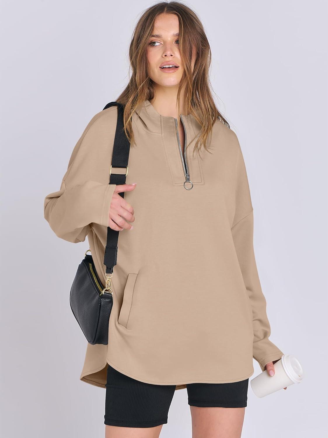 imageANRABESS Womens Oversized Hoodie Quarter Zip Sweatshirts 2025 Fall Winter Tunic Pullover Top Trendy Teen Girls Preppy ClothesKhaki