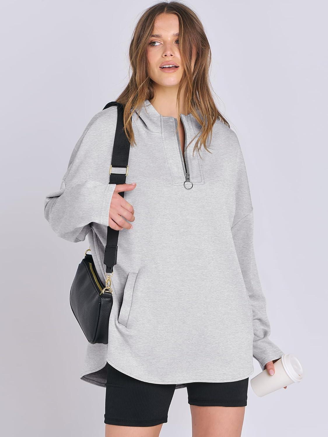 imageANRABESS Womens Oversized Hoodie Quarter Zip Sweatshirts 2025 Fall Winter Tunic Pullover Top Trendy Teen Girls Preppy ClothesLight Grey
