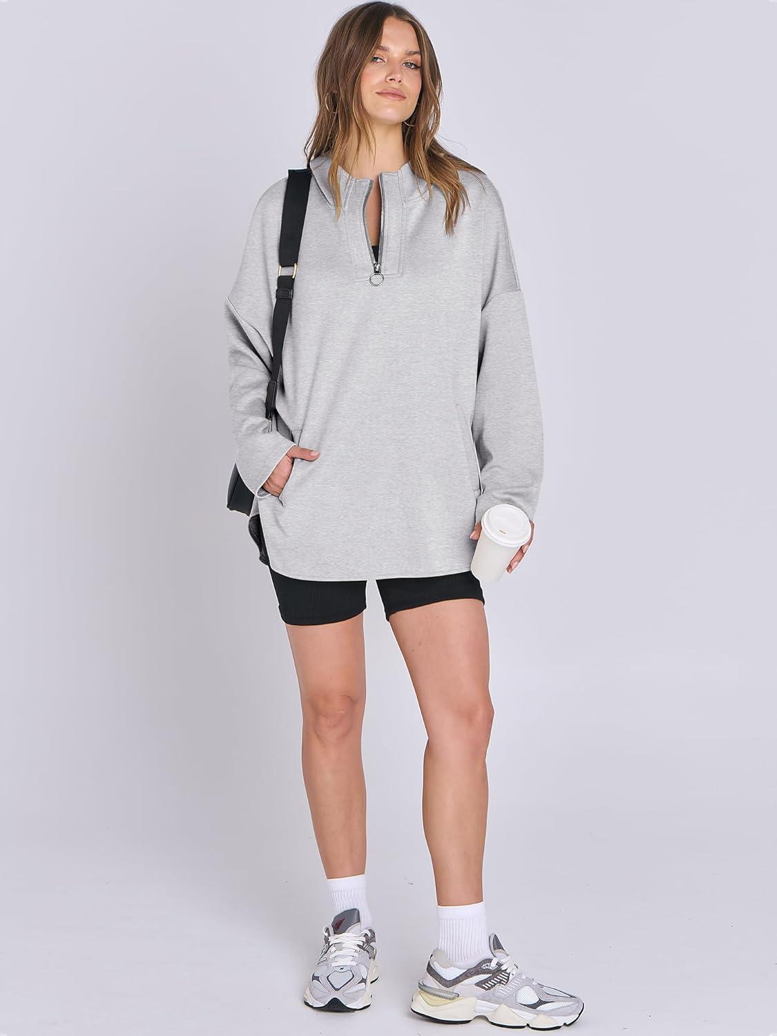imageANRABESS Womens Oversized Hoodie Quarter Zip Sweatshirts 2025 Fall Winter Tunic Pullover Top Trendy Teen Girls Preppy ClothesLight Grey