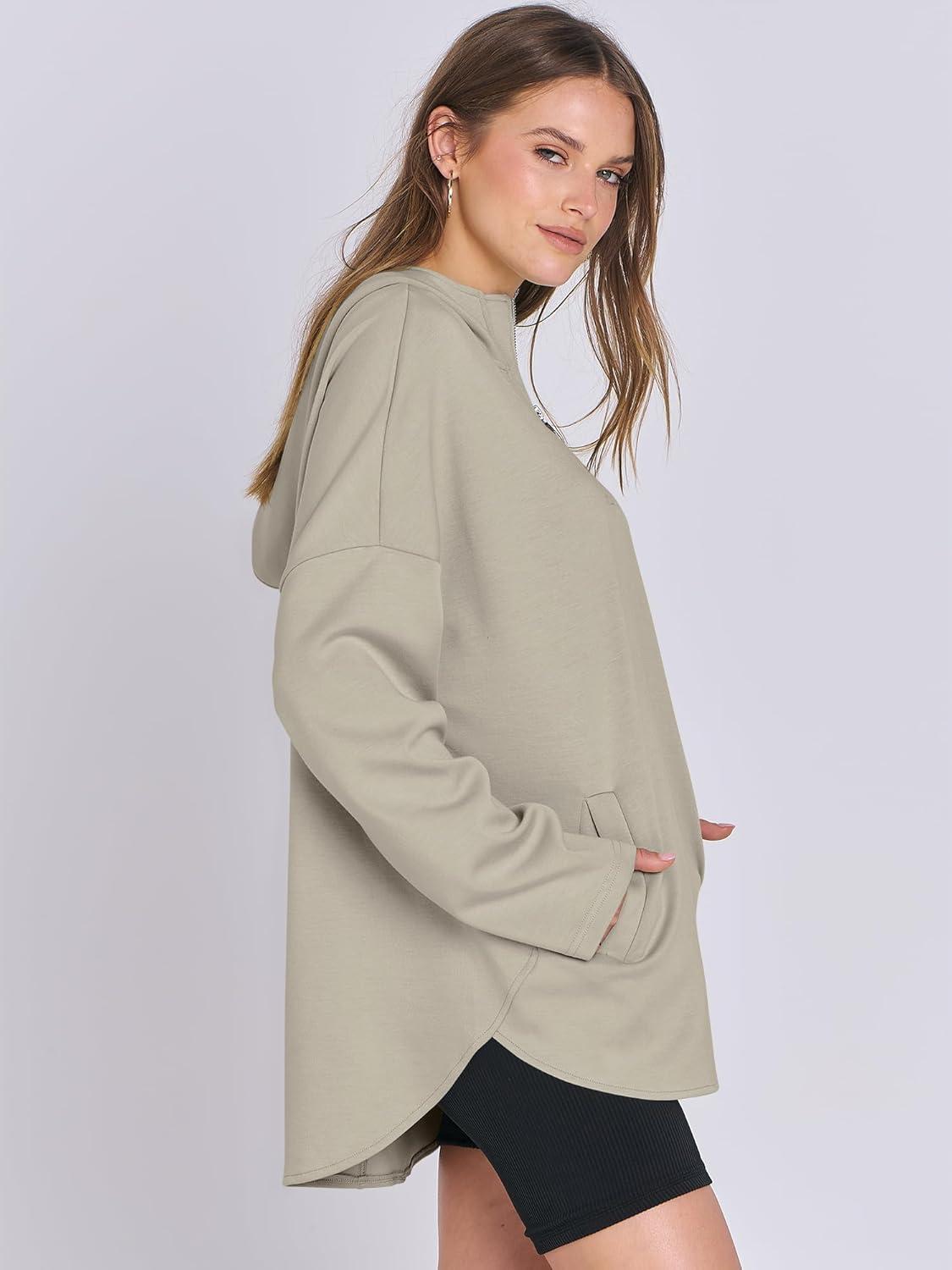 imageANRABESS Womens Oversized Hoodie Quarter Zip Sweatshirts 2025 Fall Winter Tunic Pullover Top Trendy Teen Girls Preppy ClothesLight Khaki