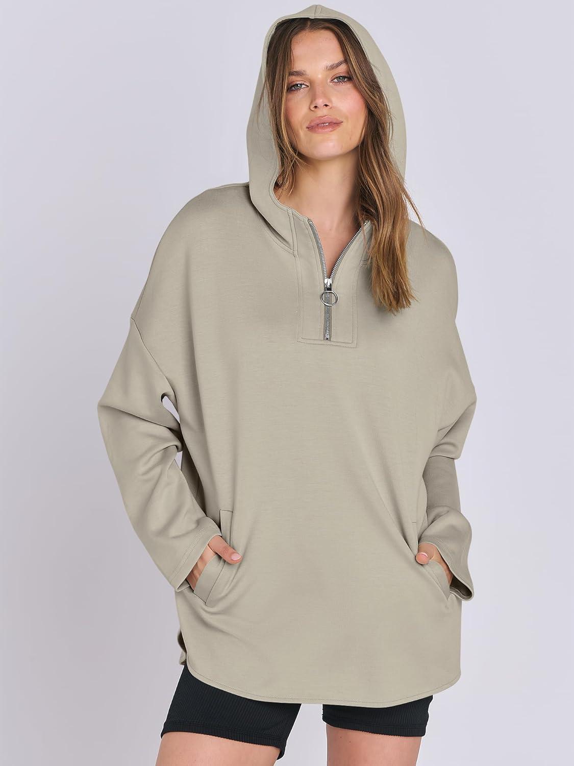 imageANRABESS Womens Oversized Hoodie Quarter Zip Sweatshirts 2025 Fall Winter Tunic Pullover Top Trendy Teen Girls Preppy ClothesLight Khaki