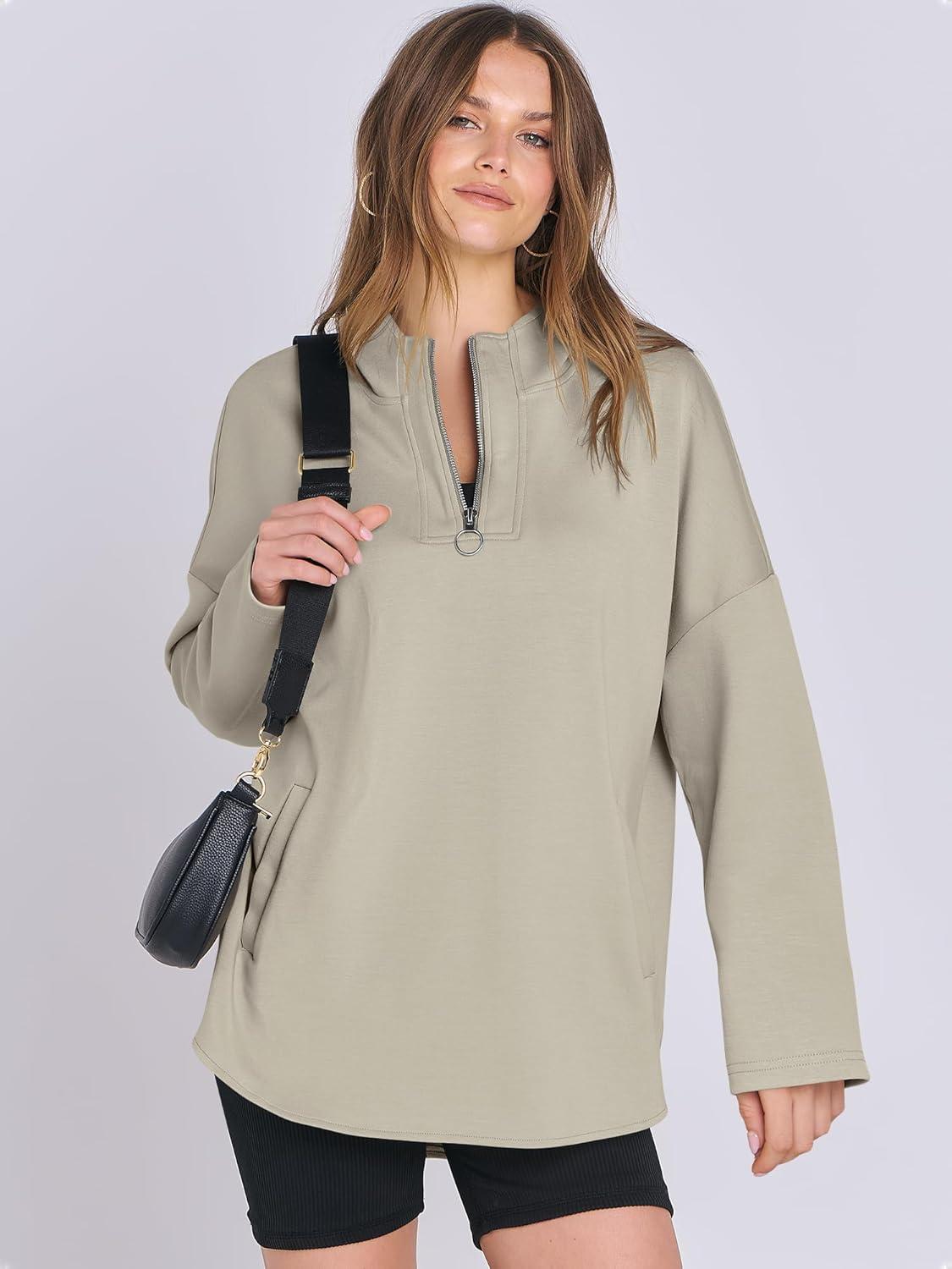 imageANRABESS Womens Oversized Hoodie Quarter Zip Sweatshirts 2025 Fall Winter Tunic Pullover Top Trendy Teen Girls Preppy ClothesLight Khaki