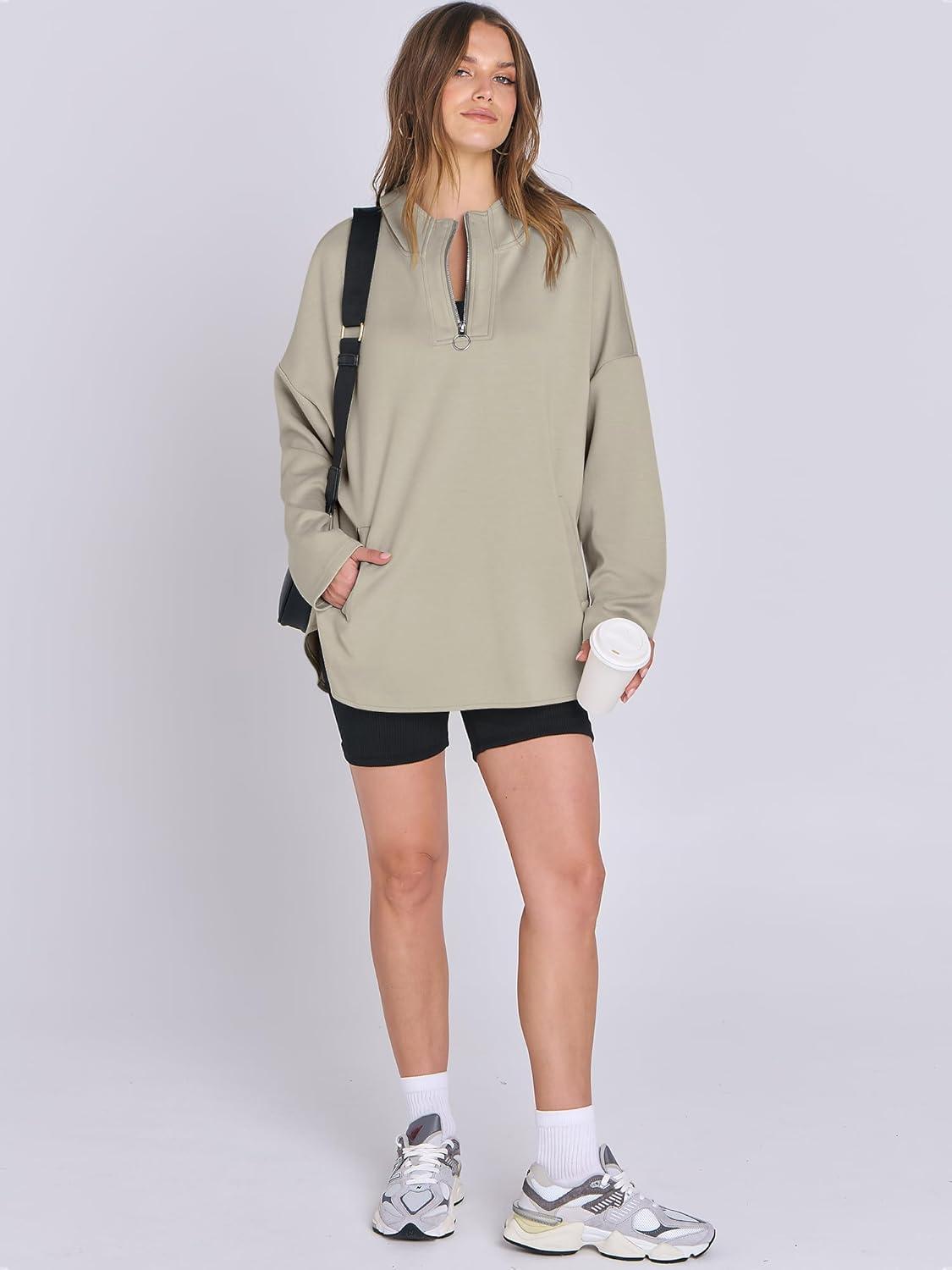 imageANRABESS Womens Oversized Hoodie Quarter Zip Sweatshirts 2025 Fall Winter Tunic Pullover Top Trendy Teen Girls Preppy ClothesLight Khaki