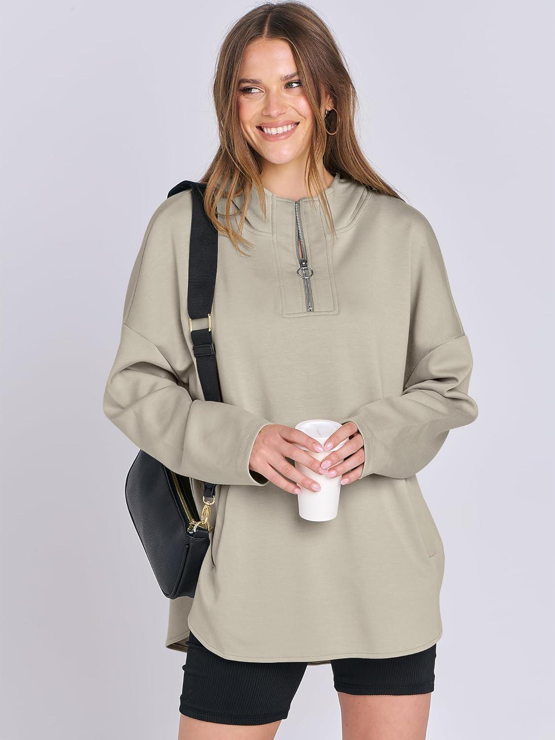 imageANRABESS Womens Oversized Hoodie Quarter Zip Sweatshirts 2025 Fall Winter Tunic Pullover Top Trendy Teen Girls Preppy ClothesLight Khaki