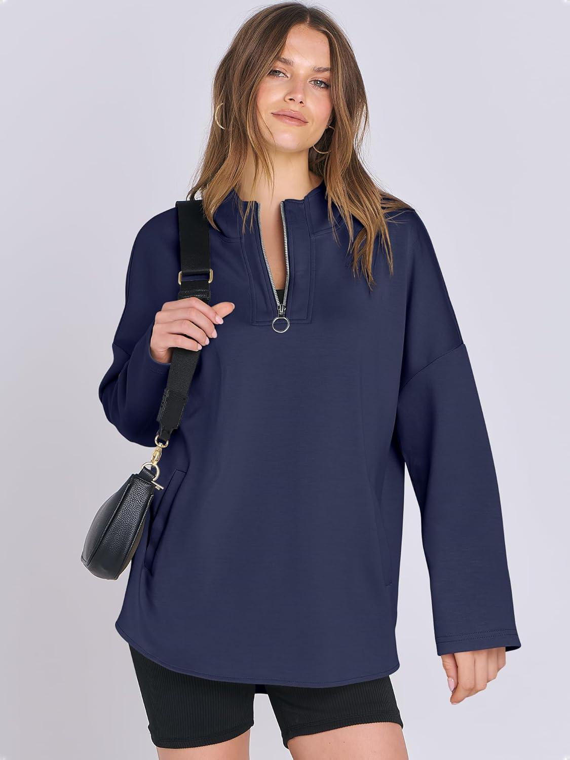 imageANRABESS Womens Oversized Hoodie Quarter Zip Sweatshirts 2025 Fall Winter Tunic Pullover Top Trendy Teen Girls Preppy ClothesNavy Blue