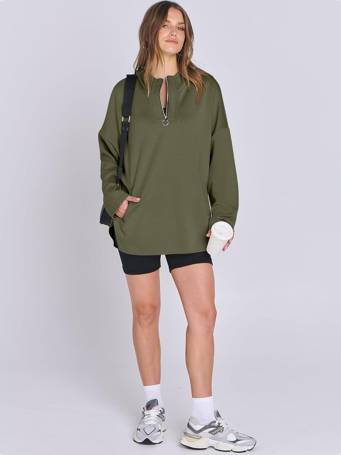 imageANRABESS Womens Oversized Hoodie Quarter Zip Sweatshirts 2025 Fall Winter Tunic Pullover Top Trendy Teen Girls Preppy ClothesOlive Green