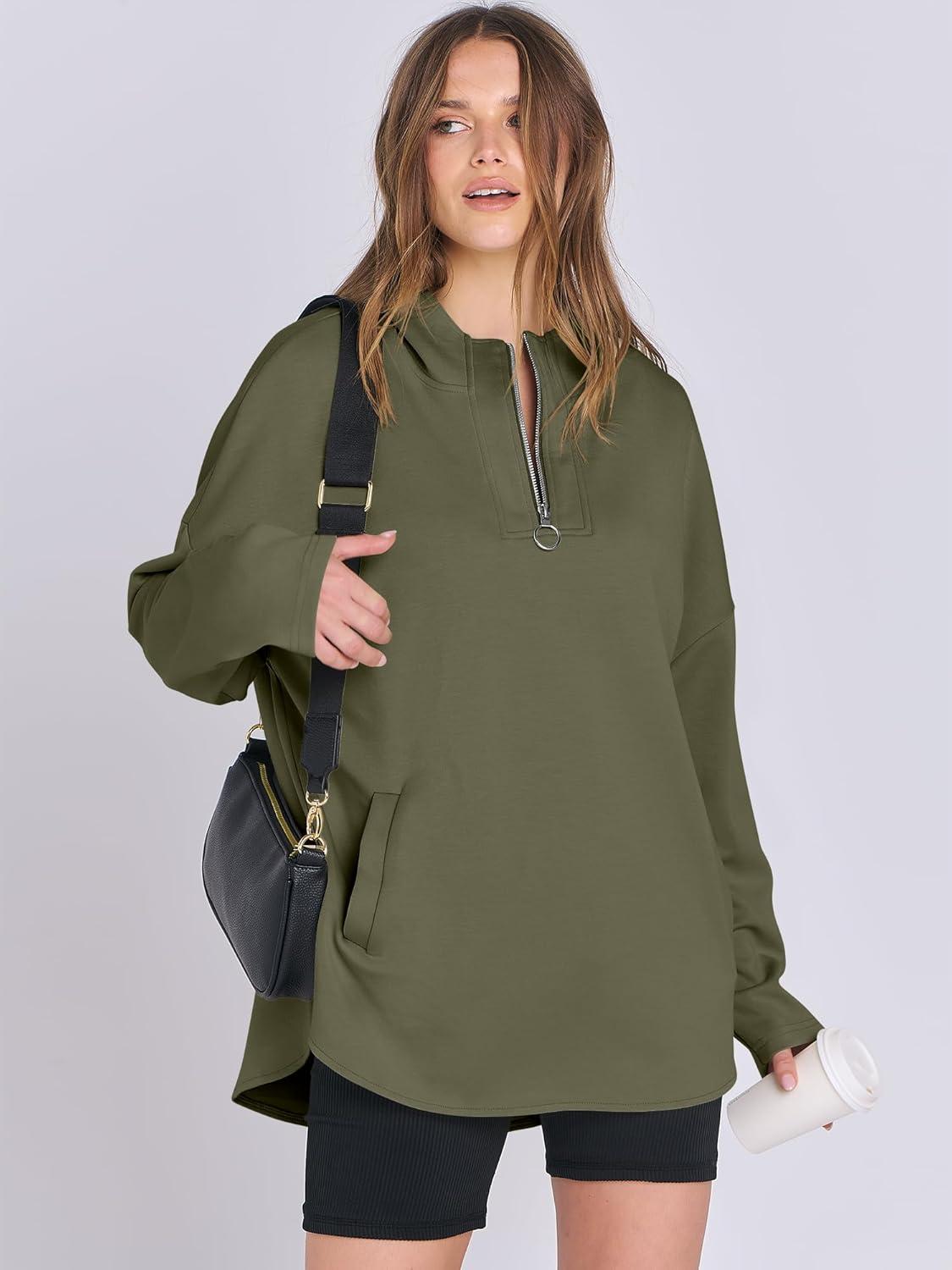 imageANRABESS Womens Oversized Hoodie Quarter Zip Sweatshirts 2025 Fall Winter Tunic Pullover Top Trendy Teen Girls Preppy ClothesOlive Green
