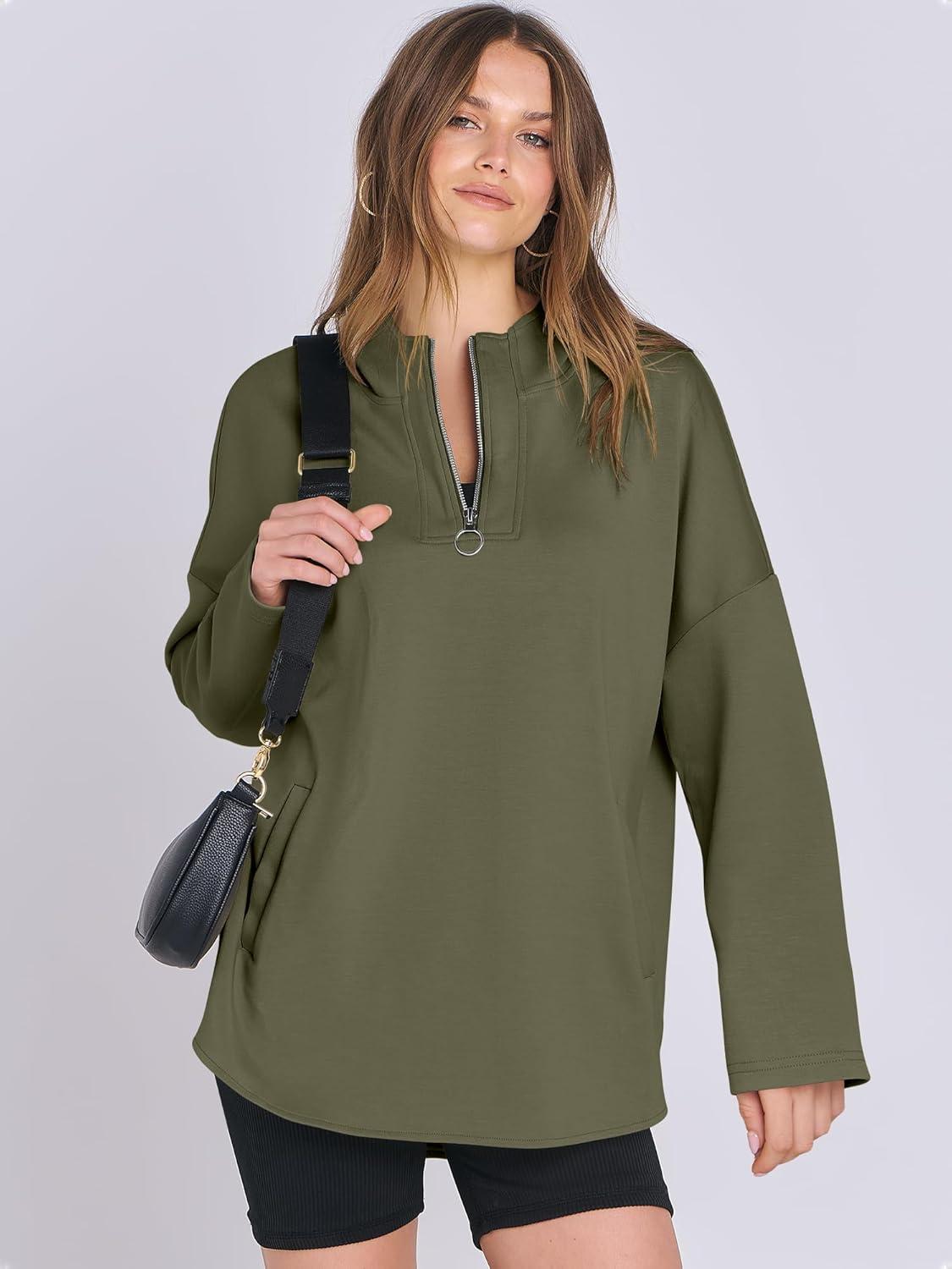 imageANRABESS Womens Oversized Hoodie Quarter Zip Sweatshirts 2025 Fall Winter Tunic Pullover Top Trendy Teen Girls Preppy ClothesOlive Green
