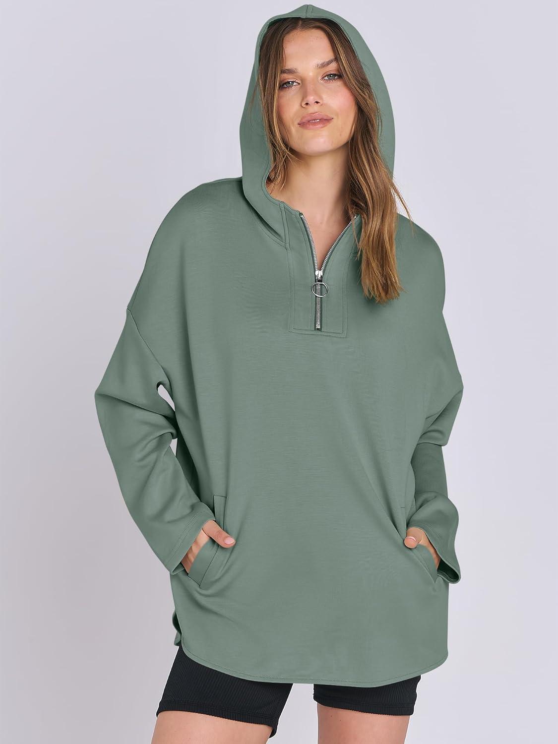 imageANRABESS Womens Oversized Hoodie Quarter Zip Sweatshirts 2025 Fall Winter Tunic Pullover Top Trendy Teen Girls Preppy ClothesPea Green