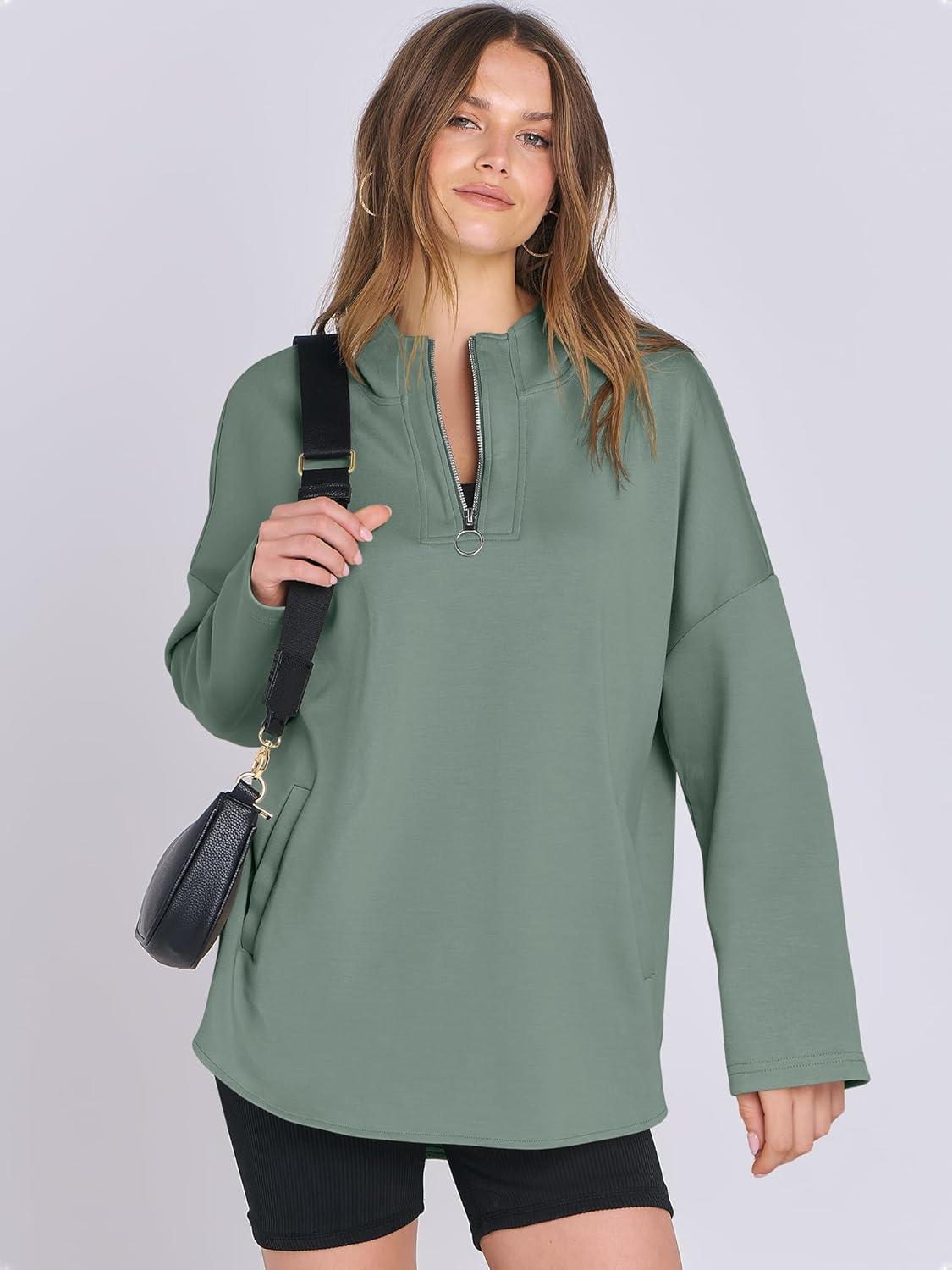 imageANRABESS Womens Oversized Hoodie Quarter Zip Sweatshirts 2025 Fall Winter Tunic Pullover Top Trendy Teen Girls Preppy ClothesPea Green
