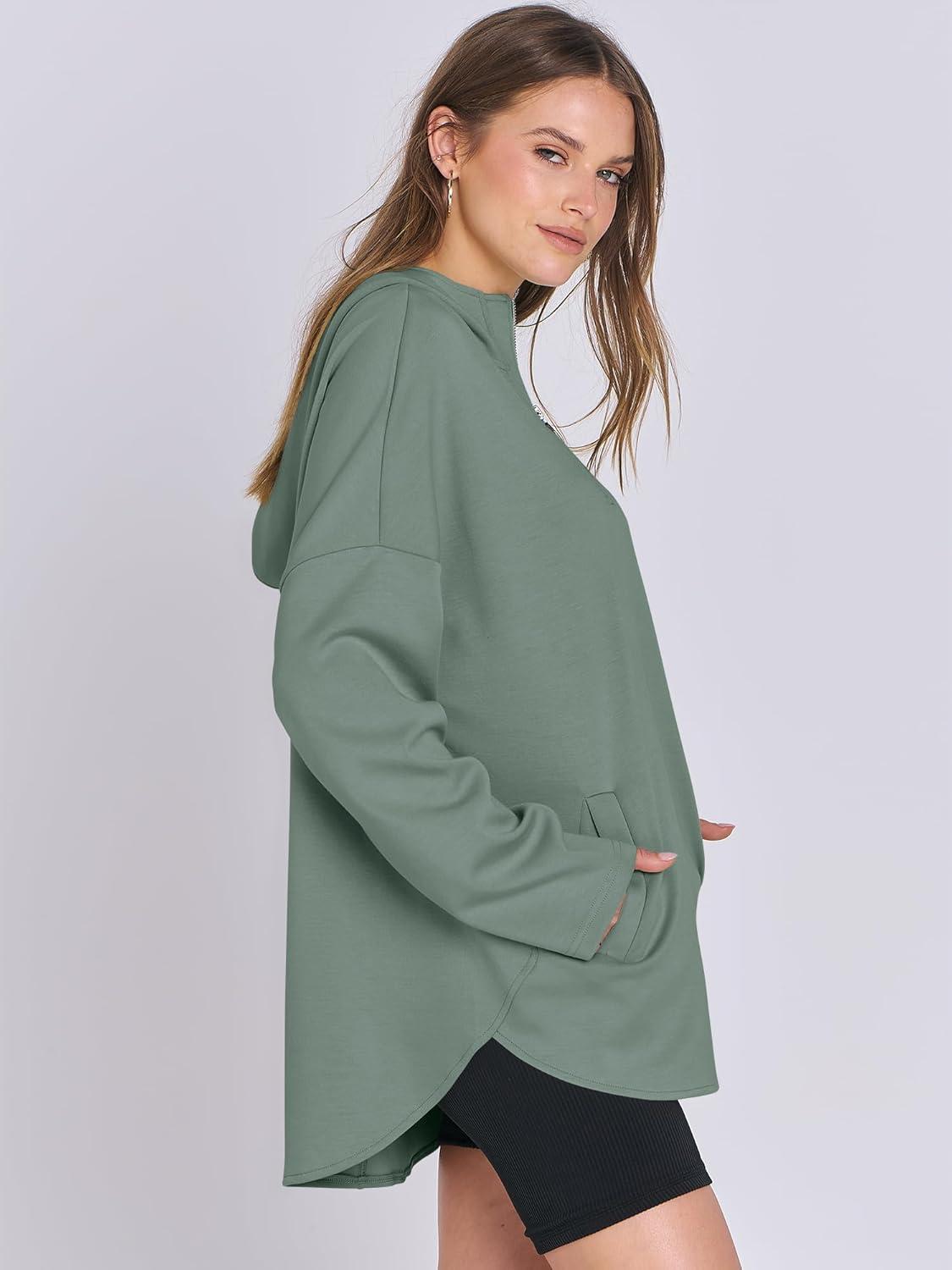 imageANRABESS Womens Oversized Hoodie Quarter Zip Sweatshirts 2025 Fall Winter Tunic Pullover Top Trendy Teen Girls Preppy ClothesPea Green