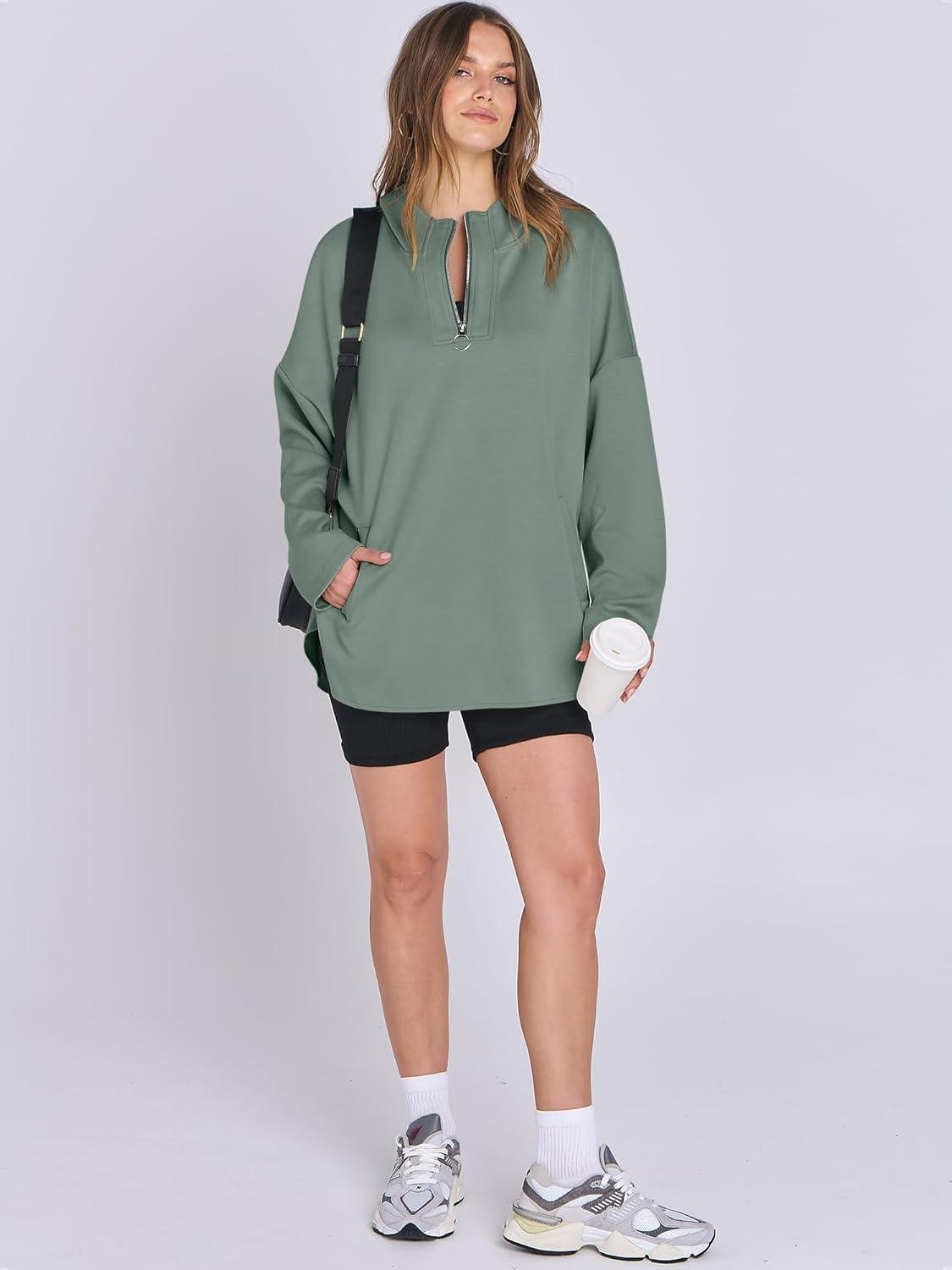 imageANRABESS Womens Oversized Hoodie Quarter Zip Sweatshirts 2025 Fall Winter Tunic Pullover Top Trendy Teen Girls Preppy ClothesPea Green