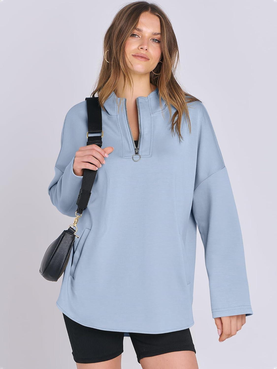 imageANRABESS Womens Oversized Hoodie Quarter Zip Sweatshirts 2025 Fall Winter Tunic Pullover Top Trendy Teen Girls Preppy ClothesSky Blue
