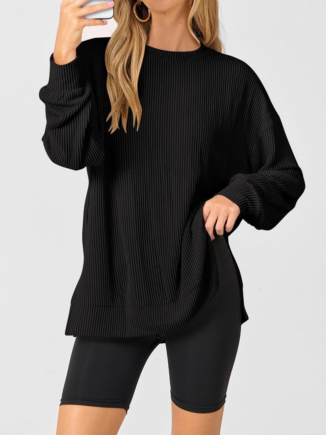 imageANRABESS Womens Oversized Long Sleeve Shirts Ribbed Knit Tunic Tops Side Spilt Casual 2025 Fall OutfitsBlack