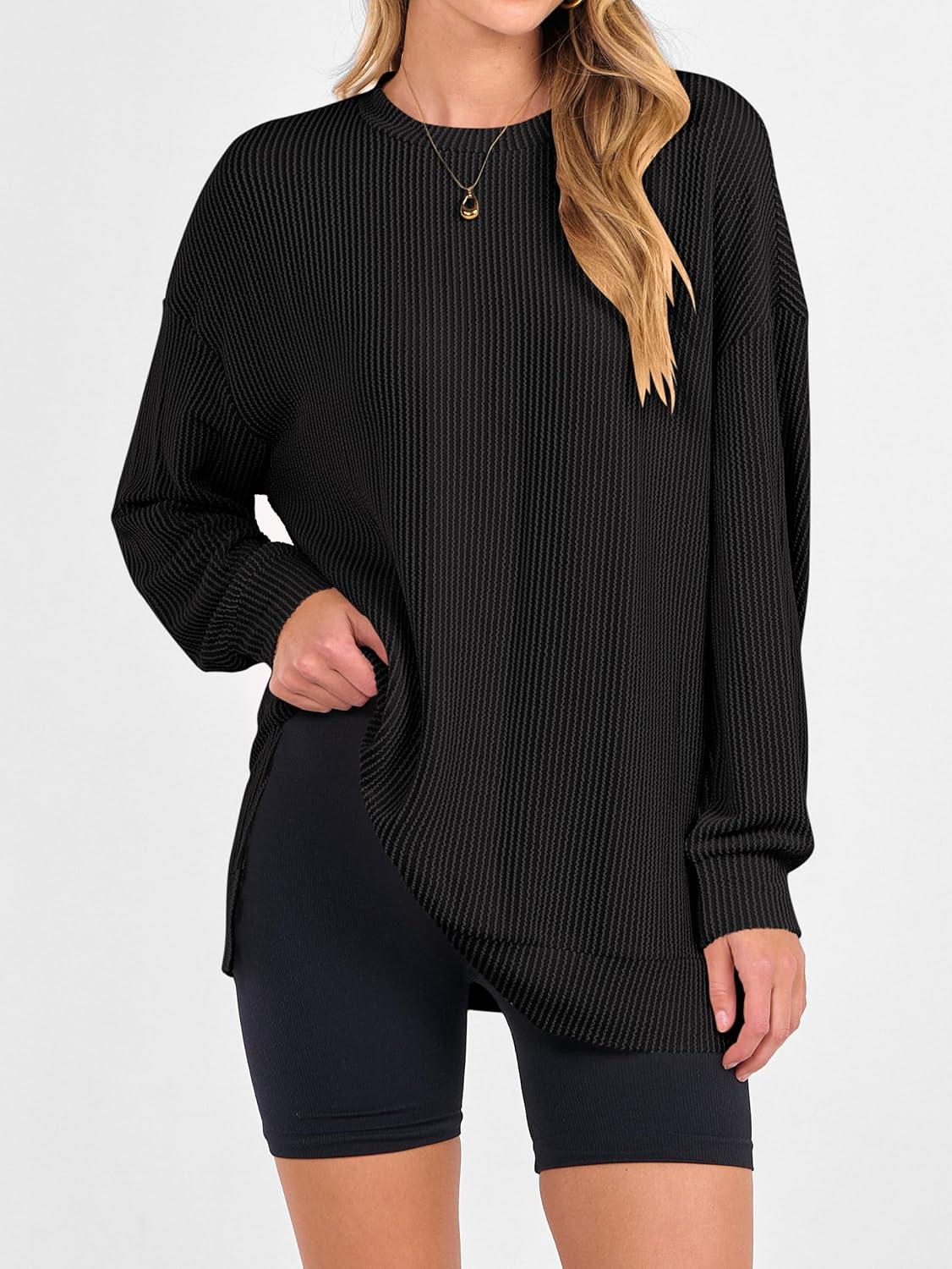 imageANRABESS Womens Oversized Long Sleeve Shirts Ribbed Knit Tunic Tops Side Spilt Casual 2025 Fall OutfitsBlack
