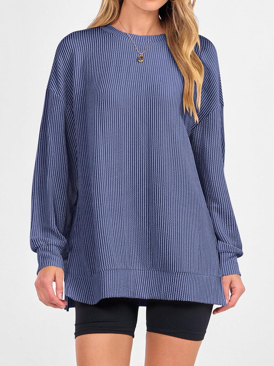 imageANRABESS Womens Oversized Long Sleeve Shirts Ribbed Knit Tunic Tops Side Spilt Casual 2025 Fall OutfitsBlue