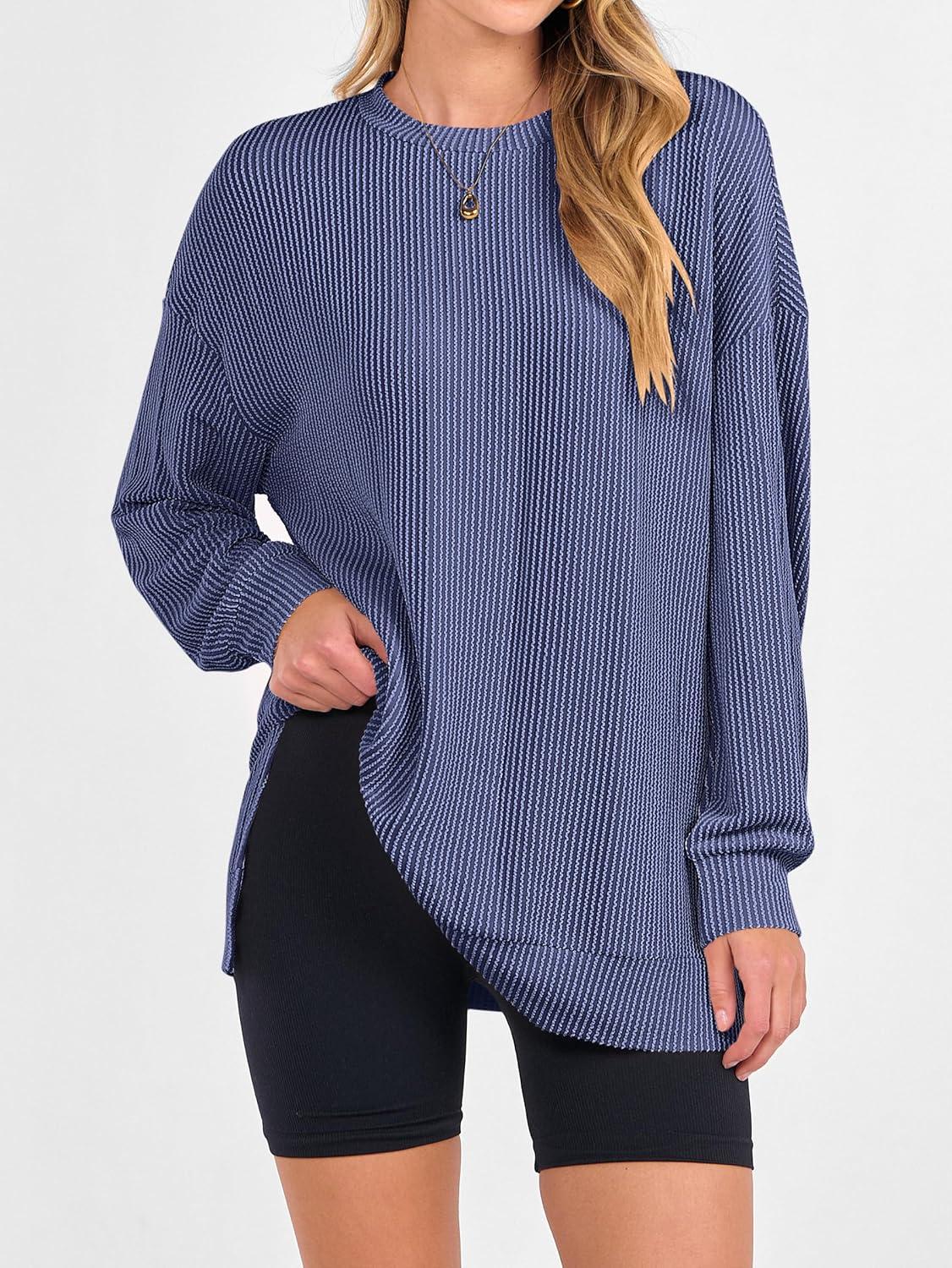 imageANRABESS Womens Oversized Long Sleeve Shirts Ribbed Knit Tunic Tops Side Spilt Casual 2025 Fall OutfitsBlue