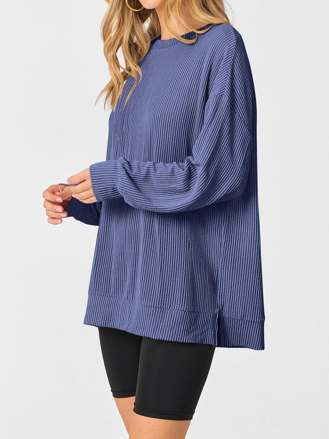 imageANRABESS Womens Oversized Long Sleeve Shirts Ribbed Knit Tunic Tops Side Spilt Casual 2025 Fall OutfitsBlue
