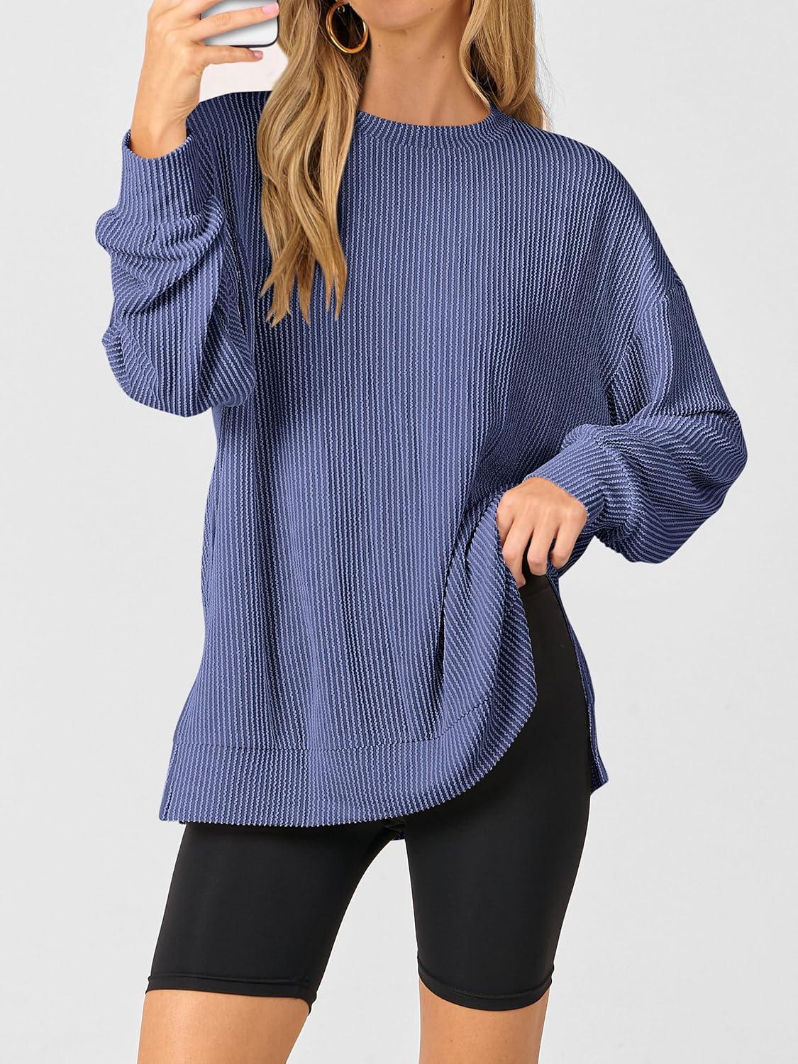 imageANRABESS Womens Oversized Long Sleeve Shirts Ribbed Knit Tunic Tops Side Spilt Casual 2025 Fall OutfitsBlue