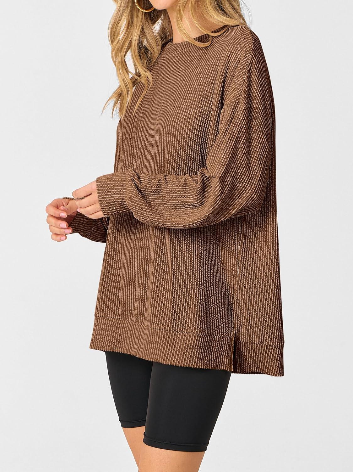 imageANRABESS Womens Oversized Long Sleeve Shirts Ribbed Knit Tunic Tops Side Spilt Casual 2025 Fall OutfitsBrown