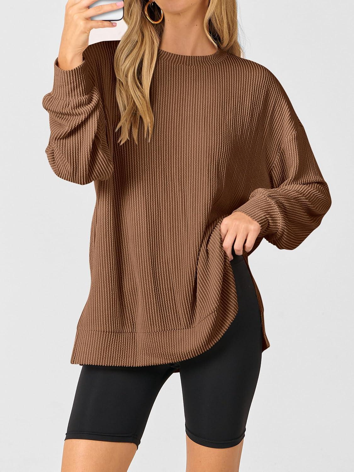 imageANRABESS Womens Oversized Long Sleeve Shirts Ribbed Knit Tunic Tops Side Spilt Casual 2025 Fall OutfitsBrown