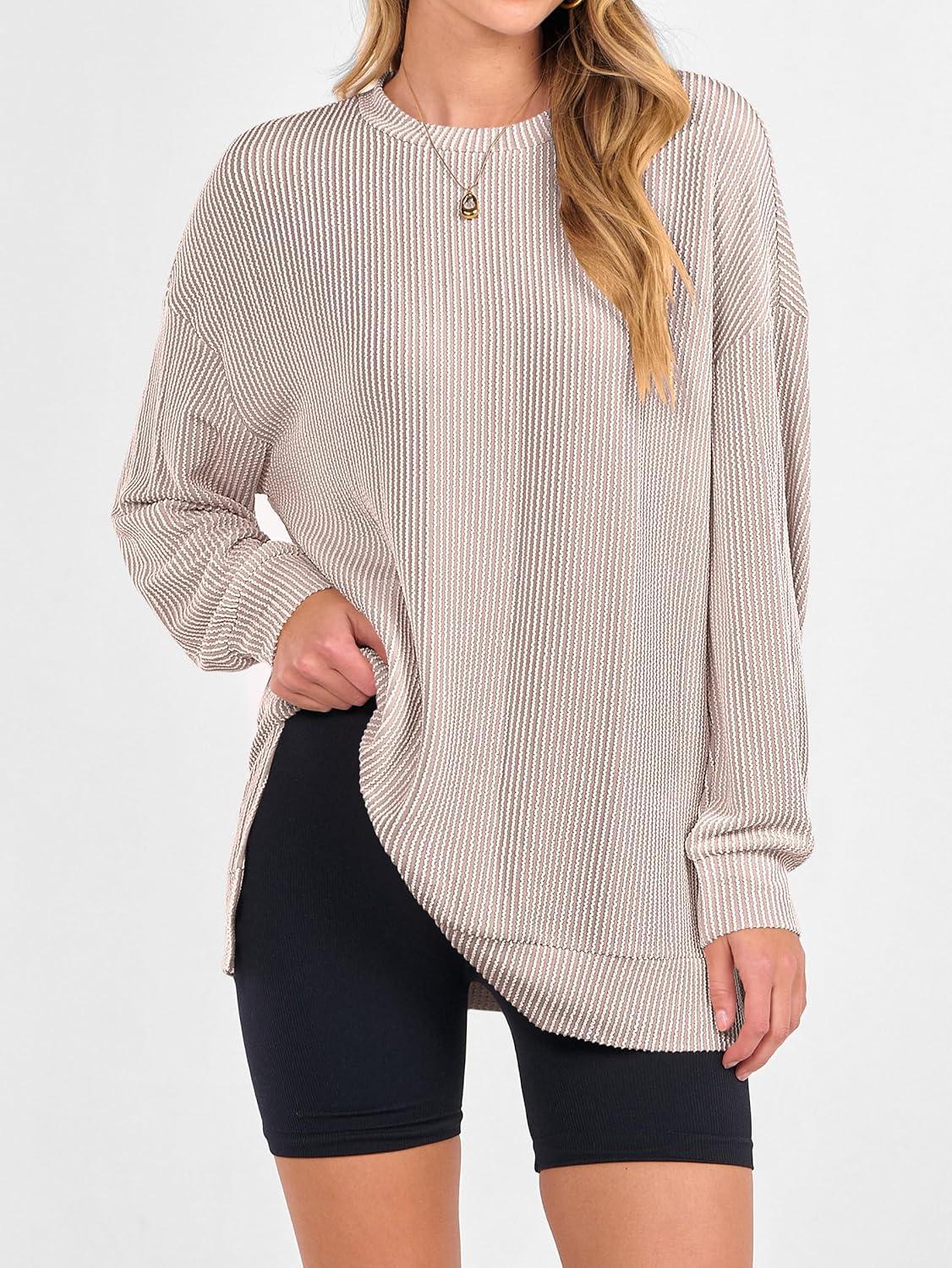 imageANRABESS Womens Oversized Long Sleeve Shirts Ribbed Knit Tunic Tops Side Spilt Casual 2025 Fall OutfitsFair Pink