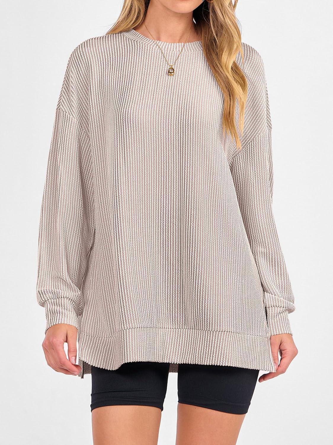 imageANRABESS Womens Oversized Long Sleeve Shirts Ribbed Knit Tunic Tops Side Spilt Casual 2025 Fall OutfitsFair Pink
