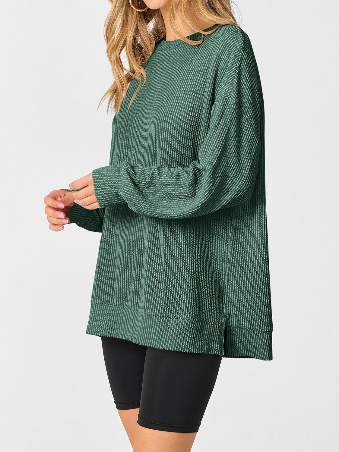 imageANRABESS Womens Oversized Long Sleeve Shirts Ribbed Knit Tunic Tops Side Spilt Casual 2025 Fall OutfitsGreen