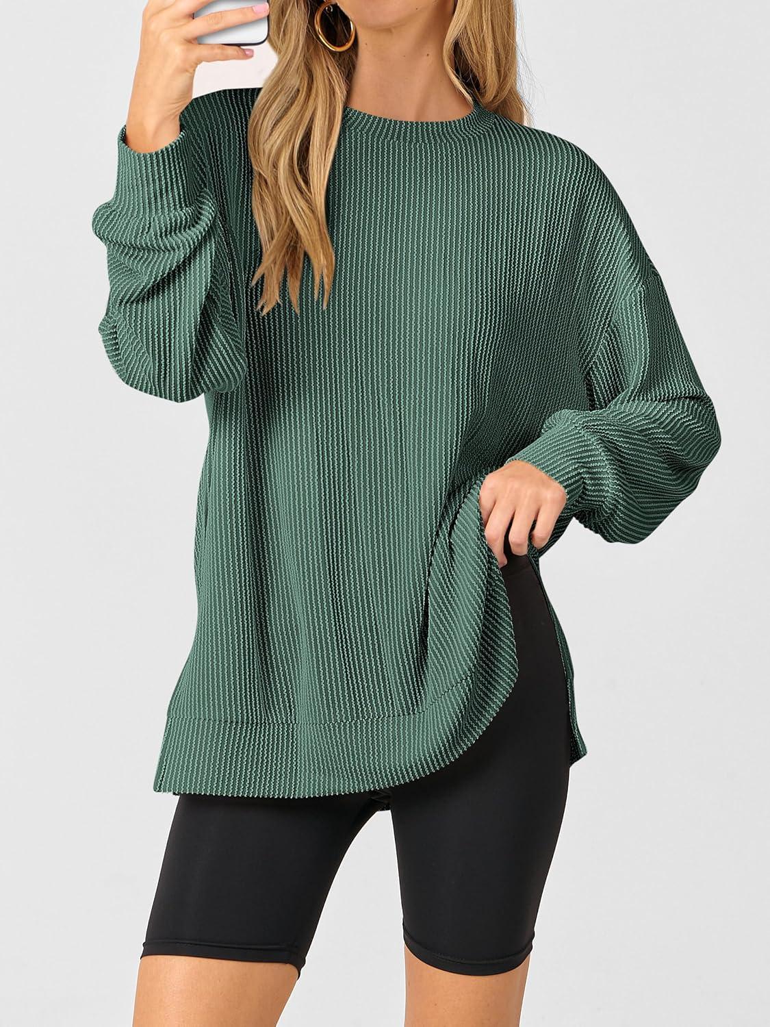 imageANRABESS Womens Oversized Long Sleeve Shirts Ribbed Knit Tunic Tops Side Spilt Casual 2025 Fall OutfitsGreen